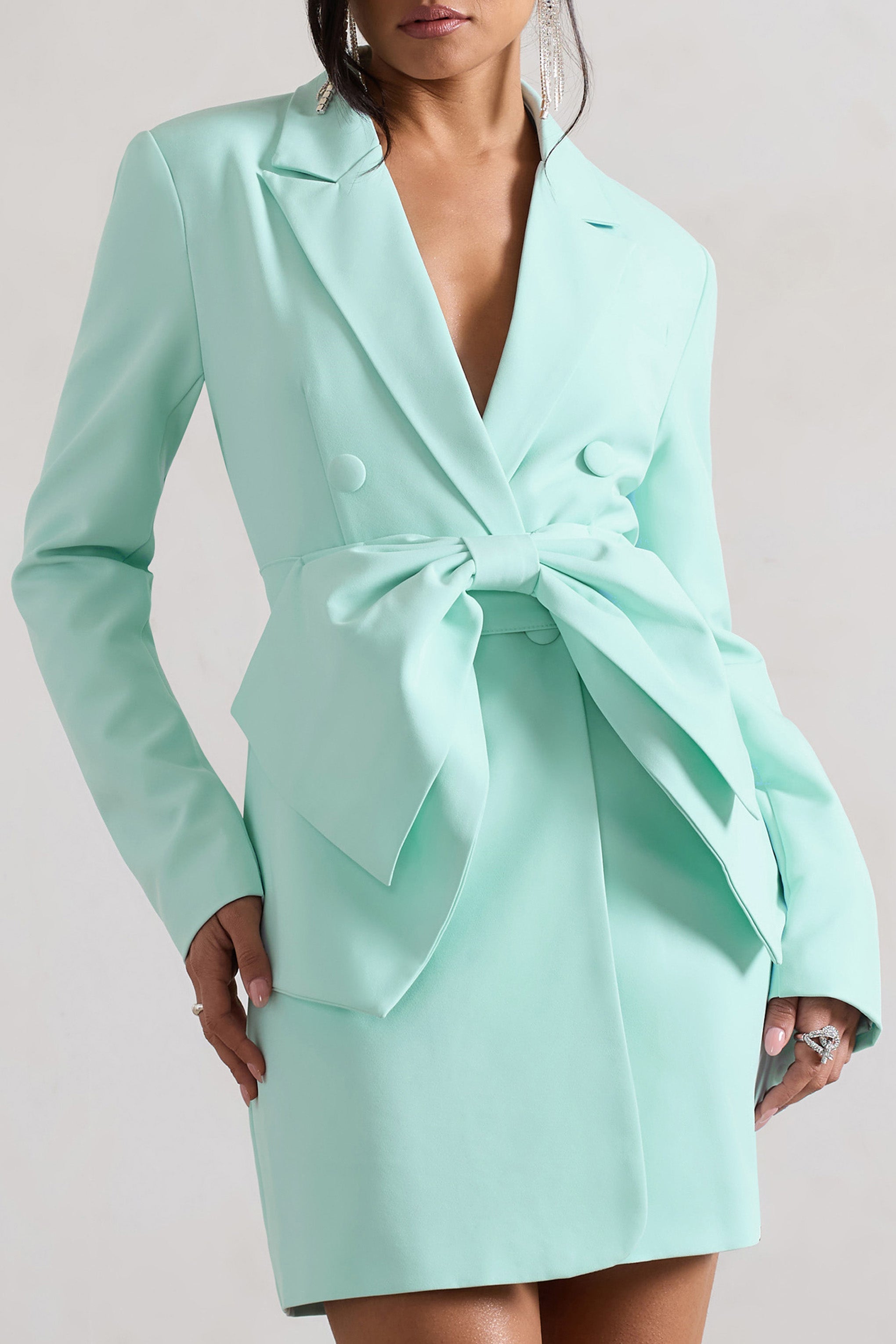 Prized Mint Green Tailored Blazer Dress With Bow