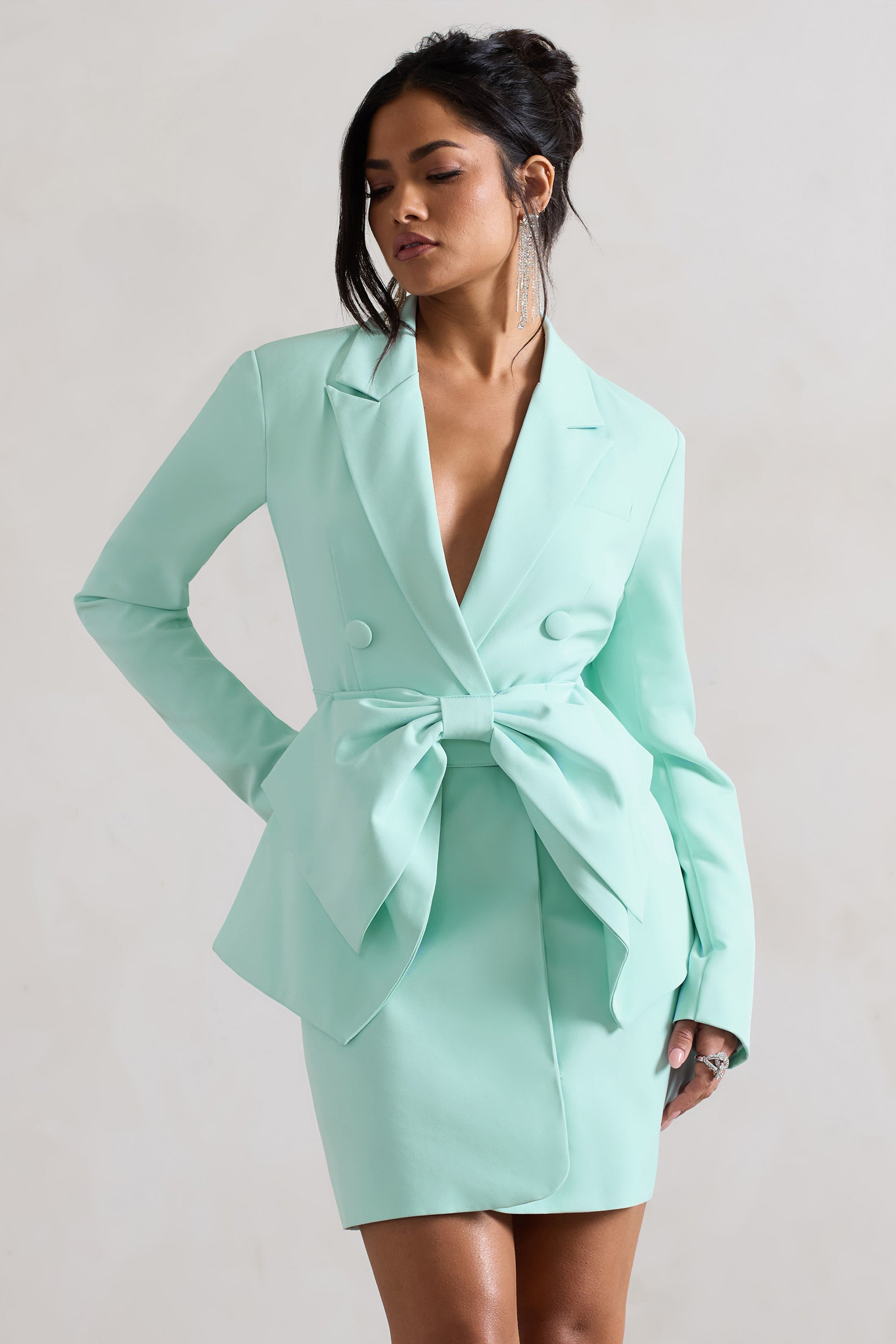 Prized Mint Green Tailored Blazer Dress With Bow