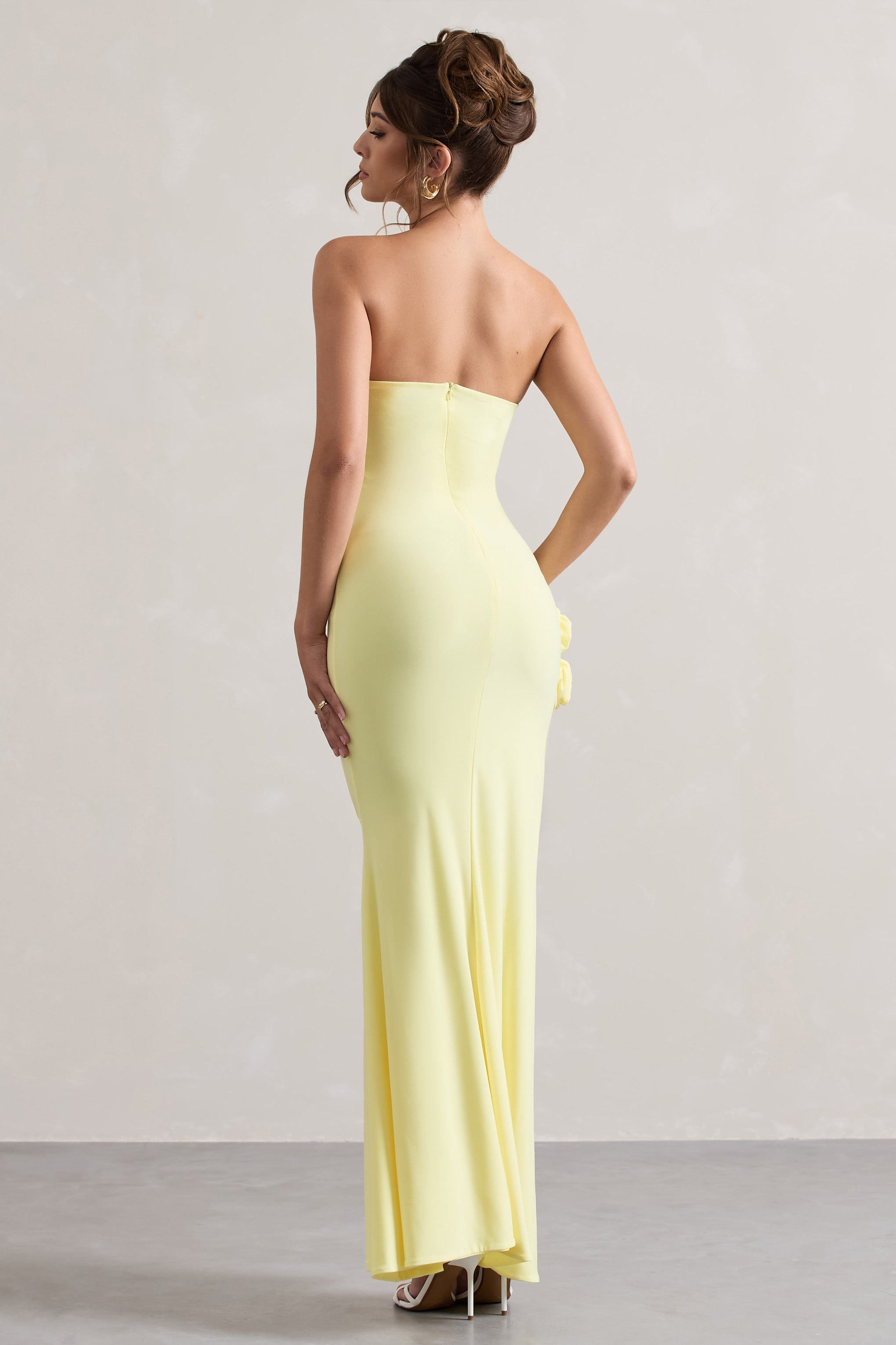 My Muse Yellow Ruched Bandeau Split Maxi Dress With Flowers