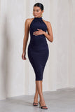 Dora Navy Halter-Neck Open-Back Maternity Midi Dress