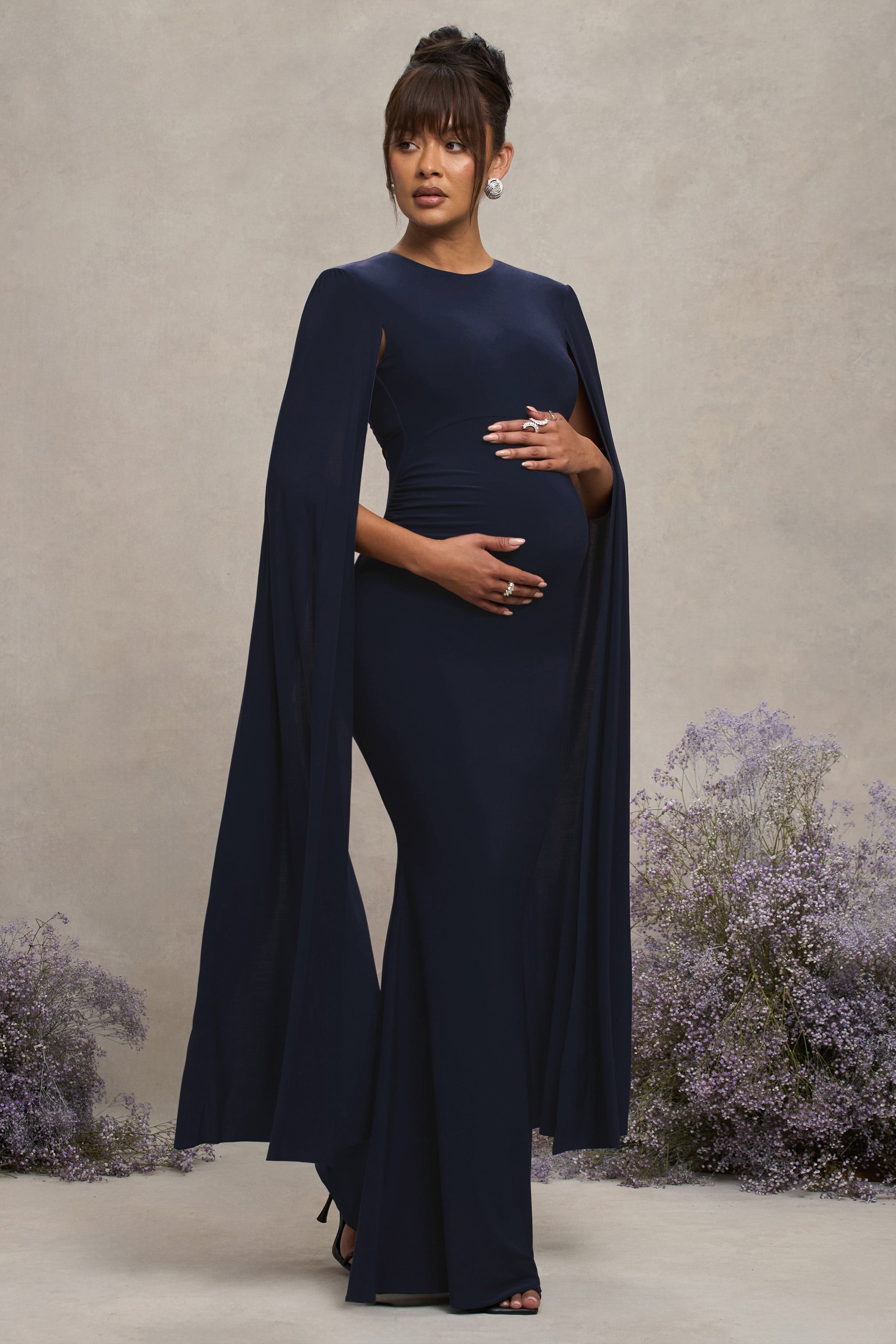 Divine Timing Navy Maternity Maxi Dress With Cape Sleeves