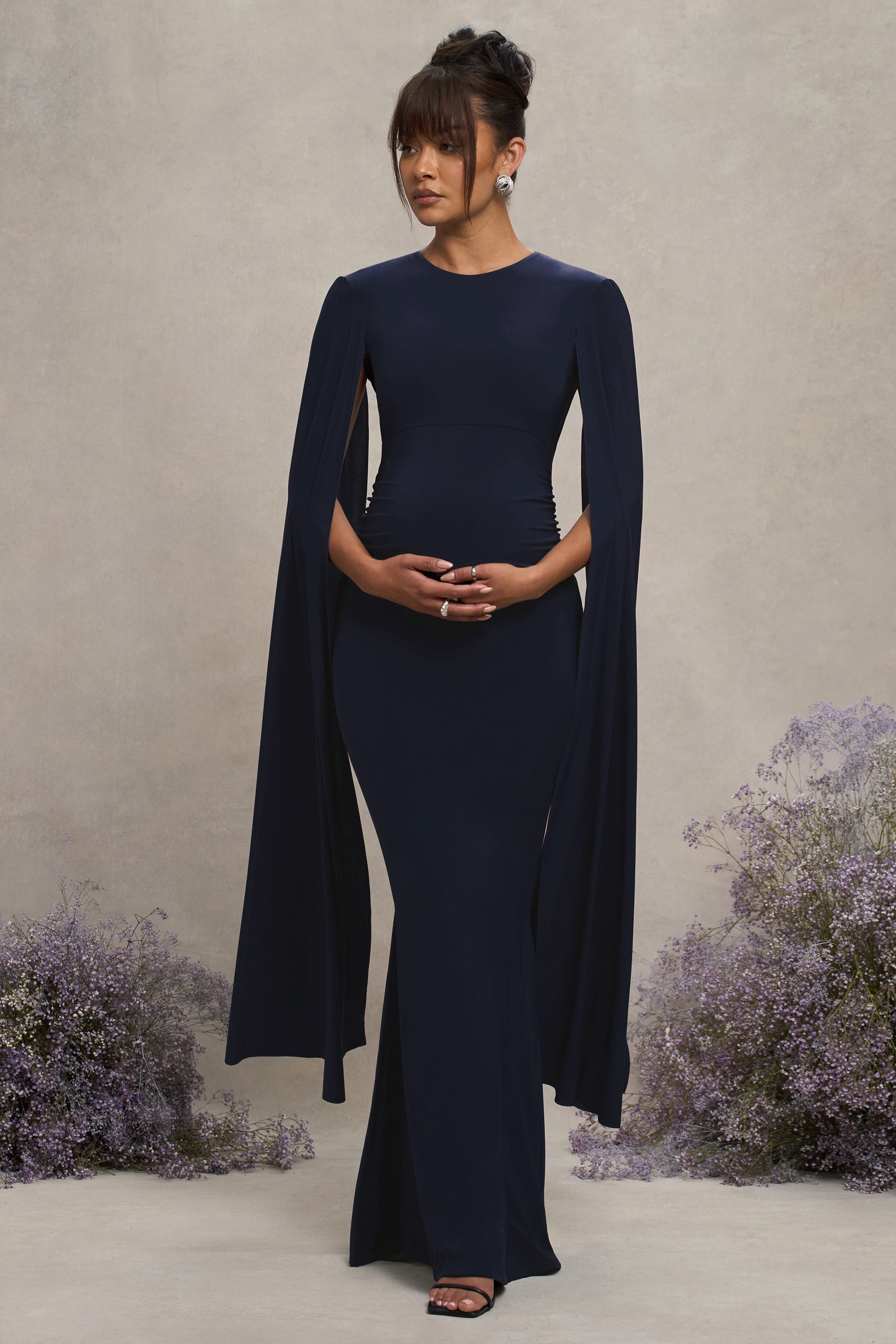 Divine Timing Navy Maternity Maxi Dress With Cape Sleeves
