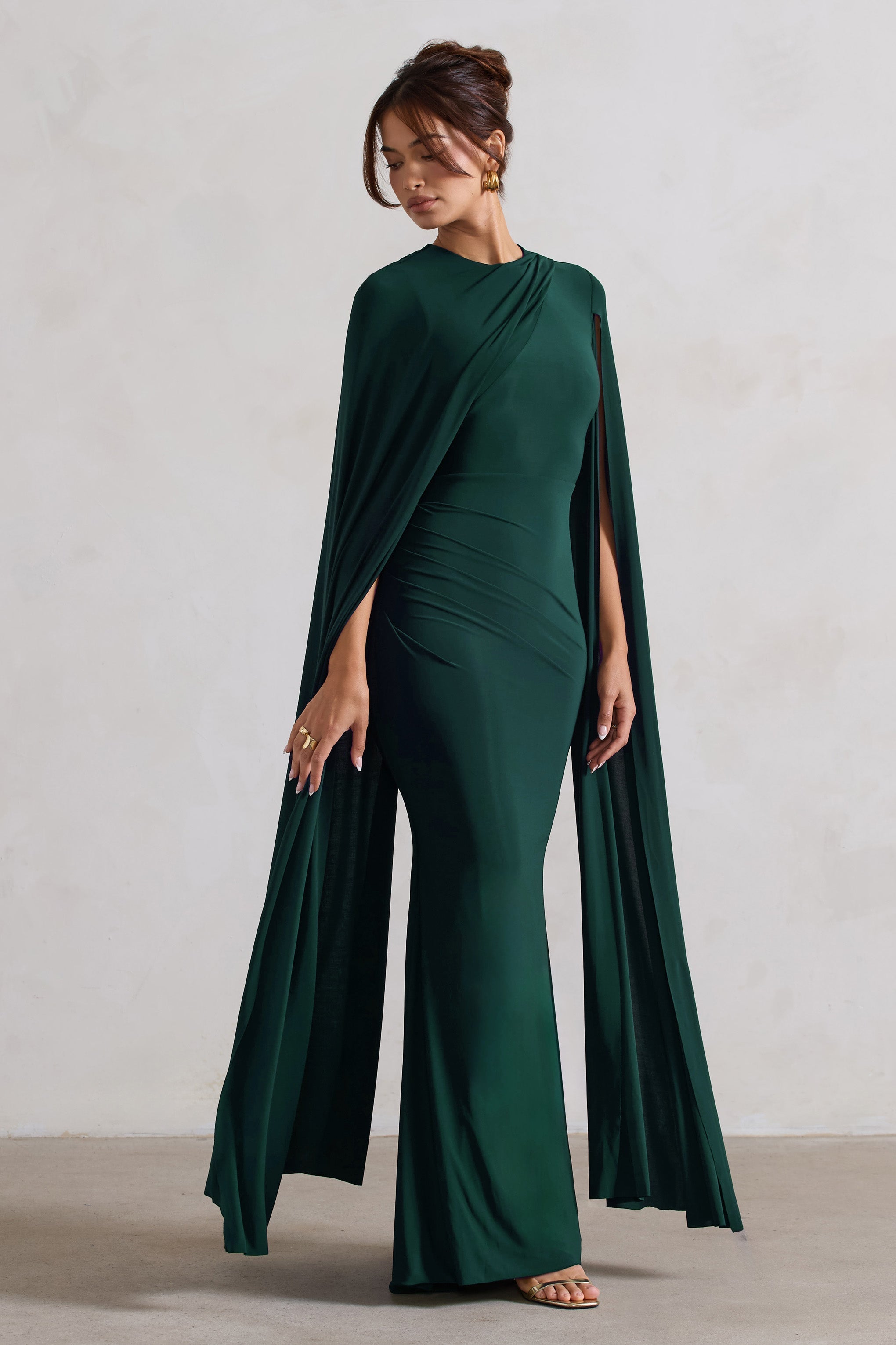 Magdelena Bottle Green Asymmetric Cape Maxi Dress