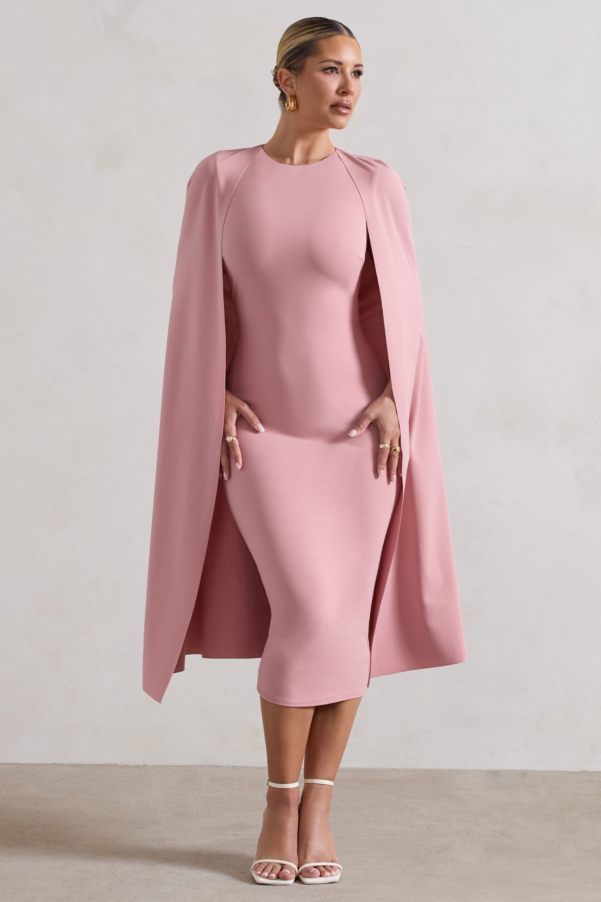Rafaela Blush Pink Bodycon Midi Dress With Cape Sleeves
