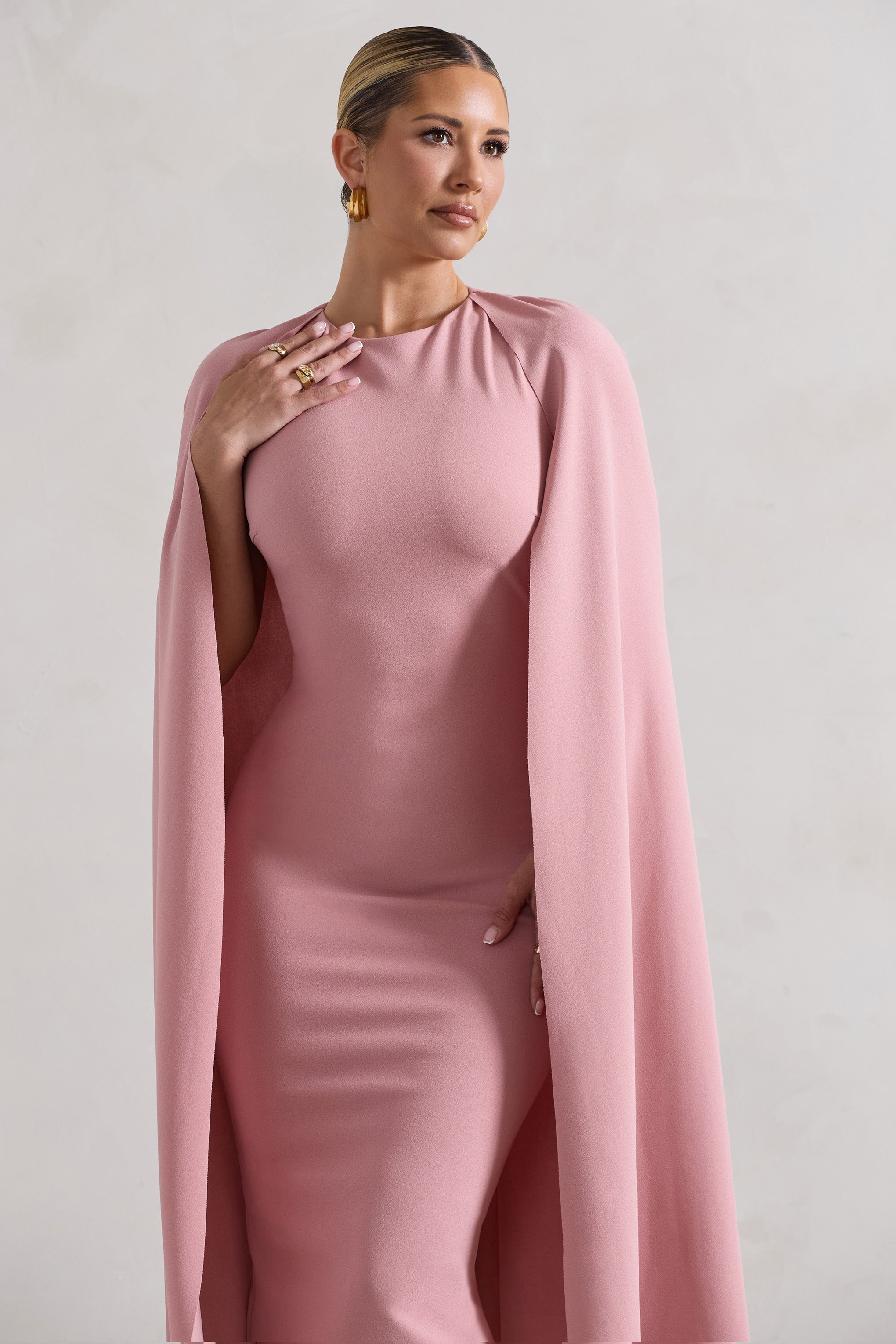 Rafaela Blush Pink Bodycon Midi Dress With Cape Sleeves