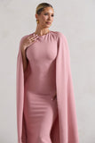 Rafaela Blush Pink Bodycon Midi Dress With Cape Sleeves