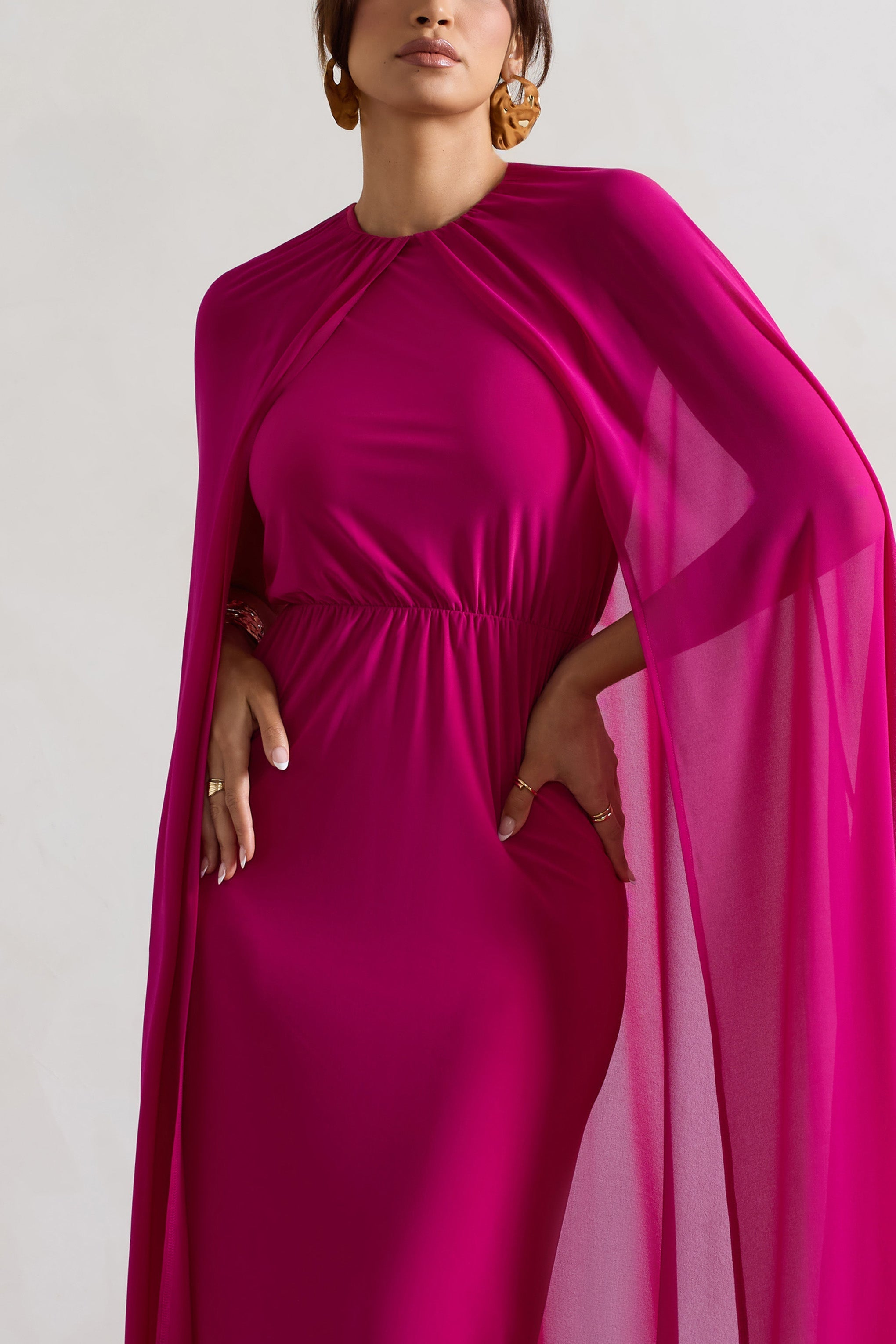 Envy Pink High-Neck Maxi Dress With Chiffon Cape