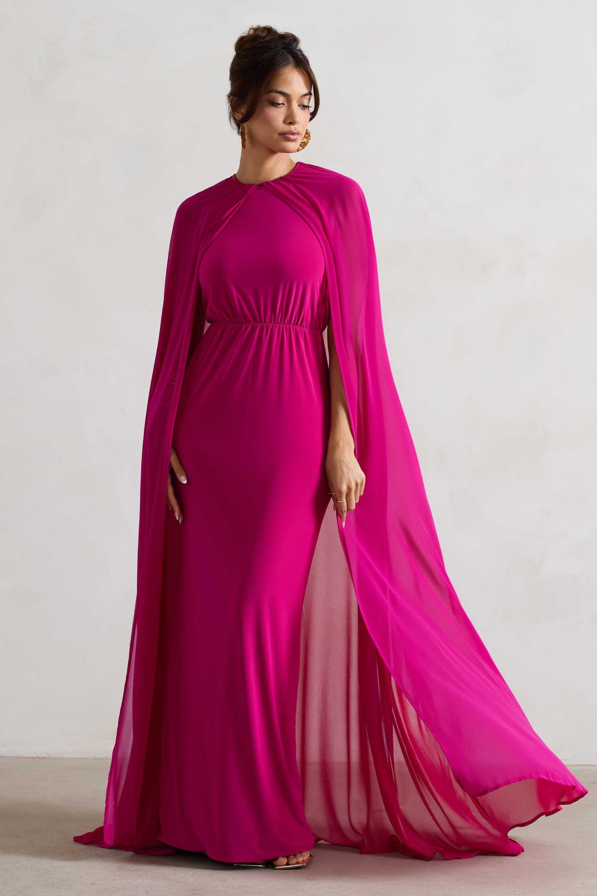 Envy Pink High-Neck Maxi Dress With Chiffon Cape