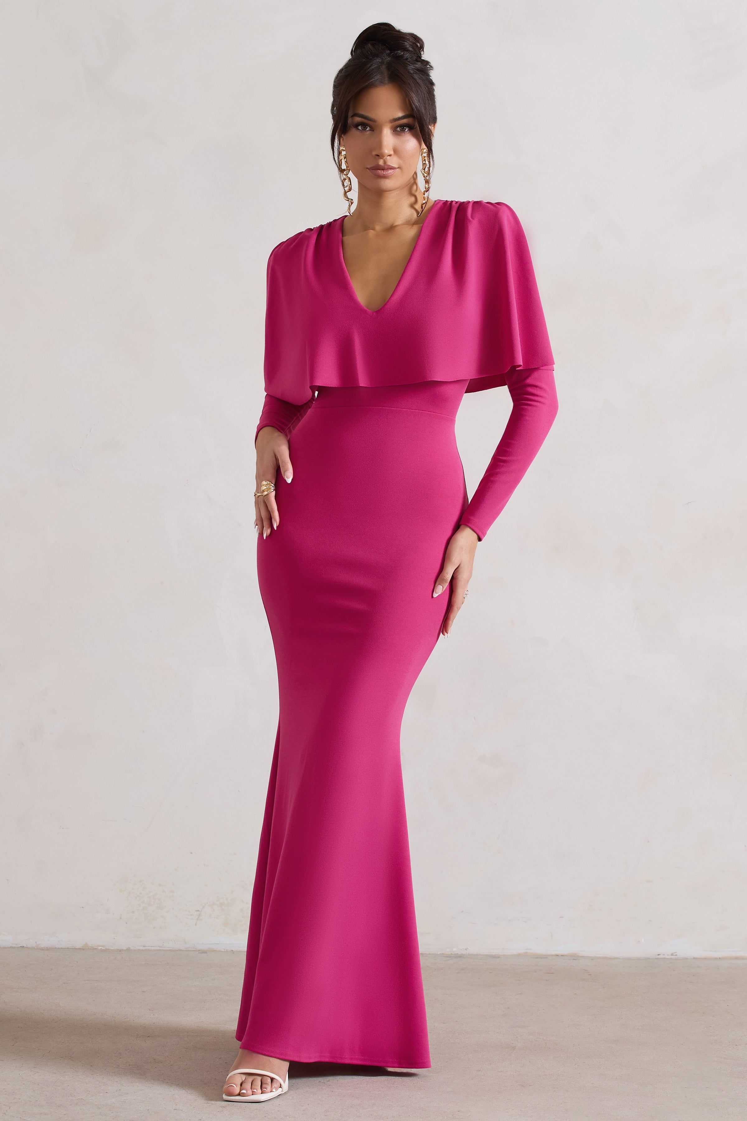 Dalia Dark Pink V-Neck Draped Long Sleeve Maxi Dress