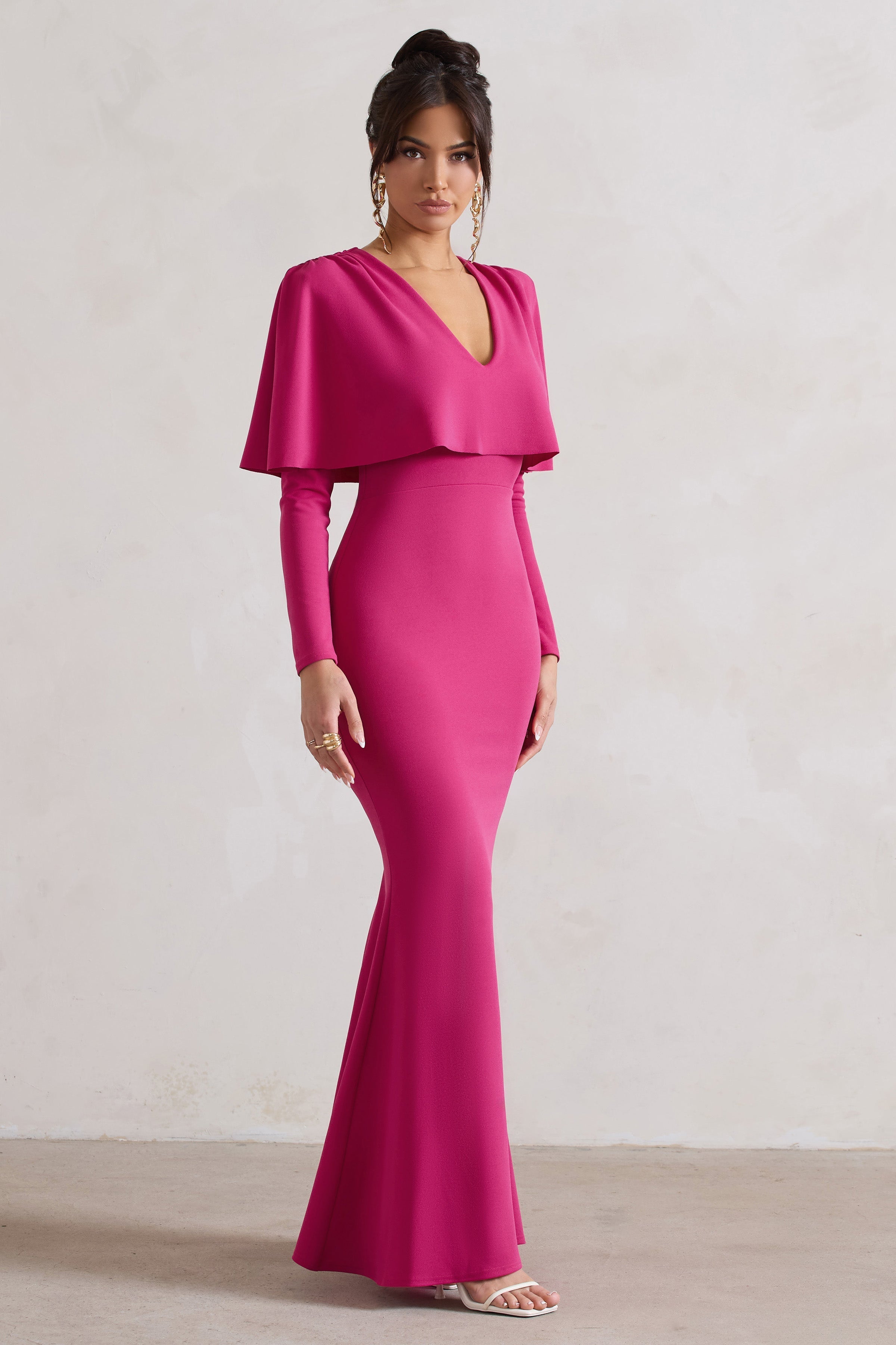 Dalia Dark Pink V-Neck Draped Long Sleeve Maxi Dress