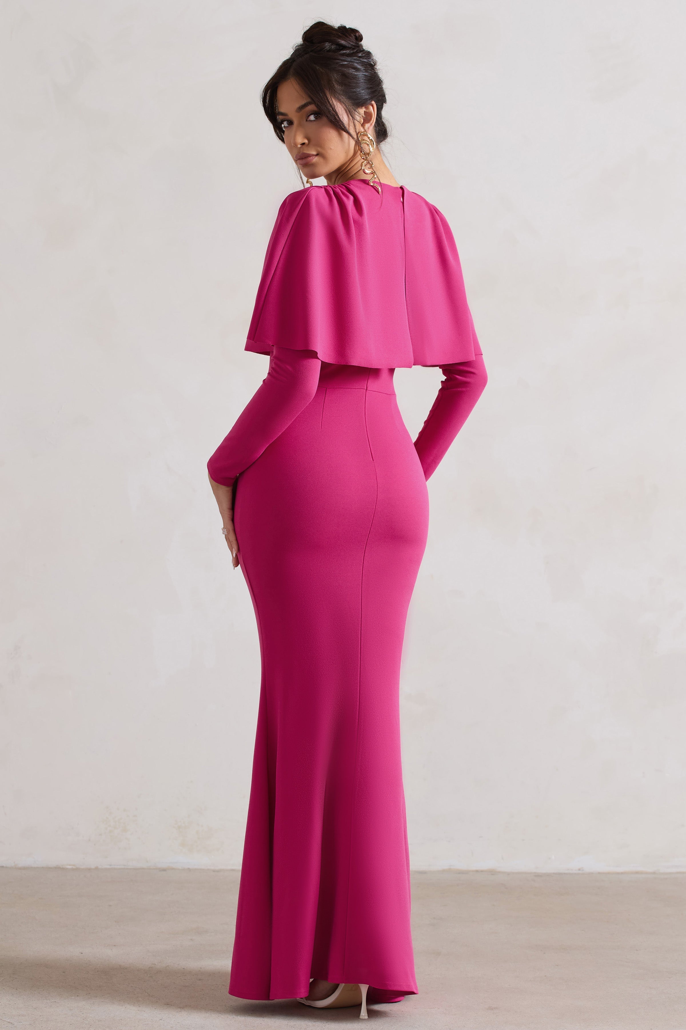 Dalia Dark Pink V-Neck Draped Long Sleeve Maxi Dress
