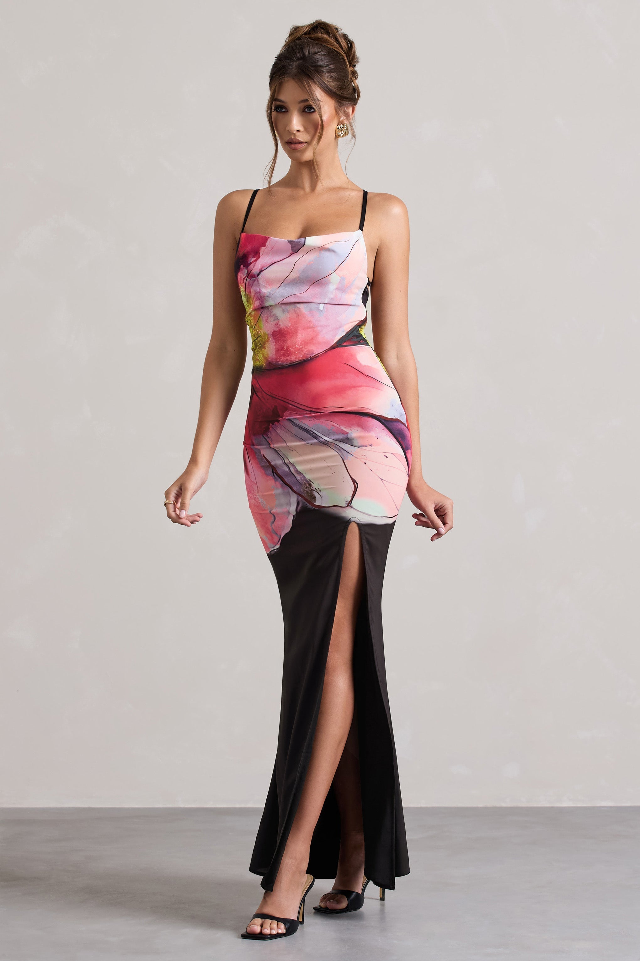 Kali Black Floral Print Cowl-Neck Open-Back Split Maxi Dress