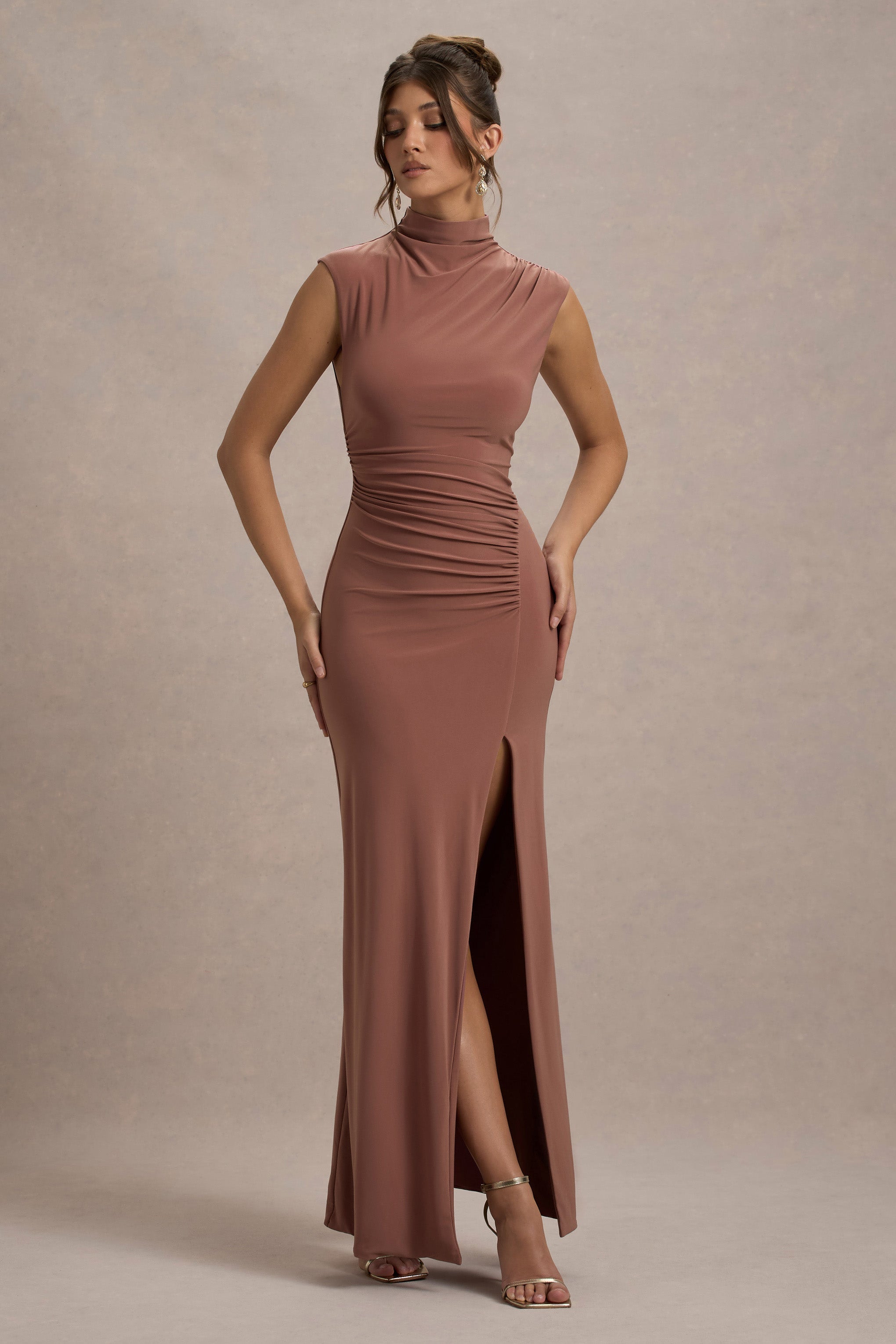 Lanetta Chestnut Brown Ruched High-Neck Maxi Dress With Split