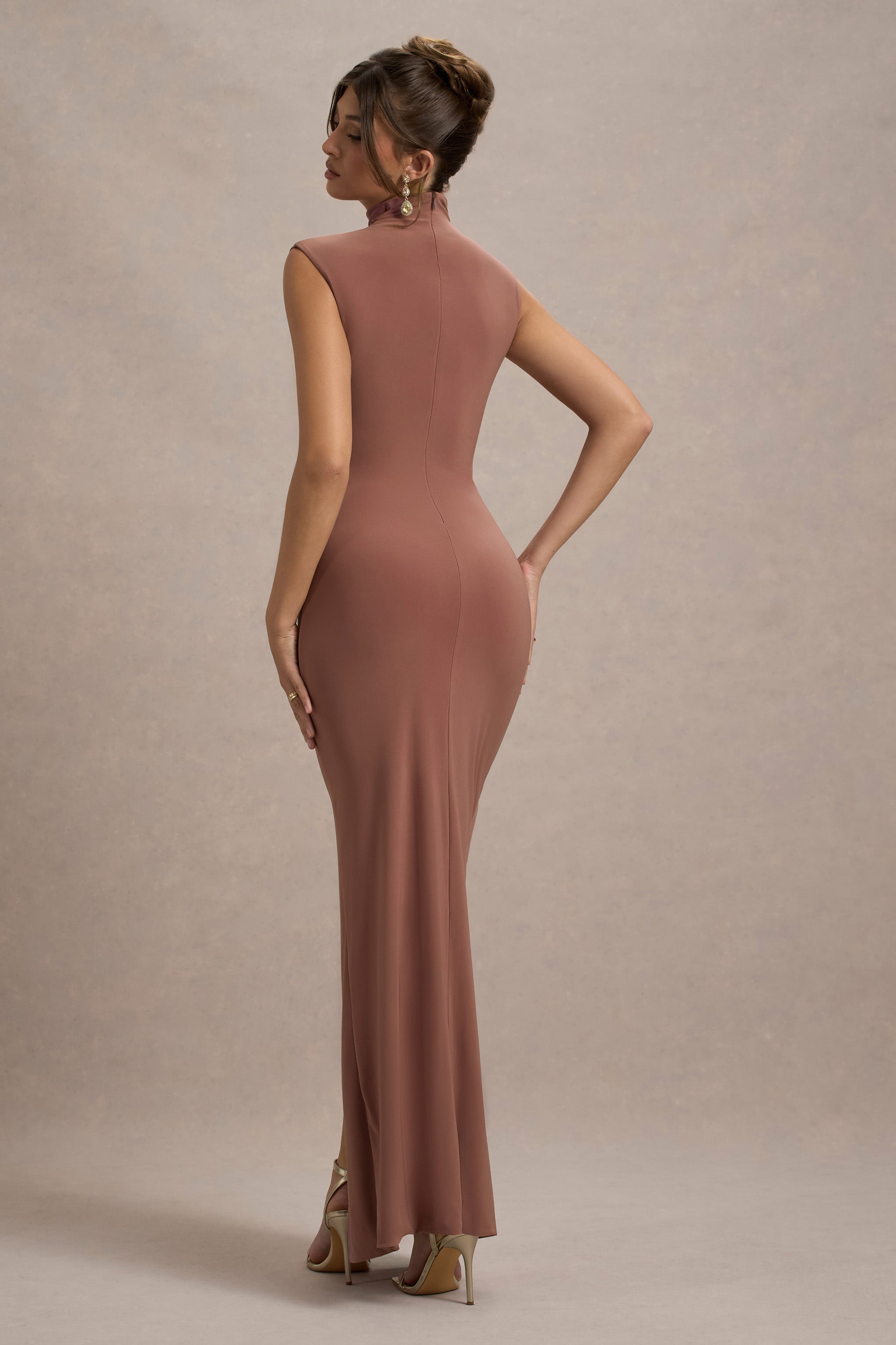 Lanetta Chestnut Brown Ruched High-Neck Maxi Dress With Split