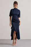 Lavinia Navy High-Neck Flutter-Sleeve Asymmetric Maxi Dress