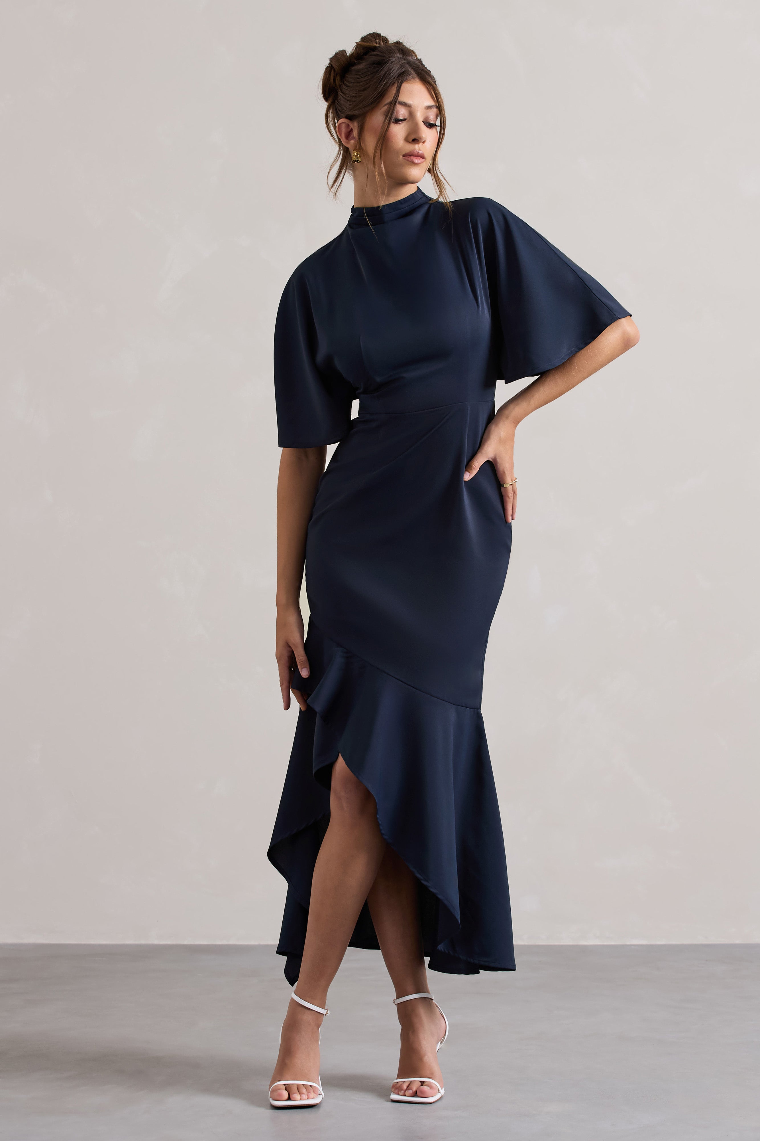 Lavinia Navy High-Neck Flutter-Sleeve Asymmetric Maxi Dress
