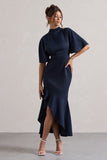 Lavinia Navy High-Neck Flutter-Sleeve Asymmetric Maxi Dress