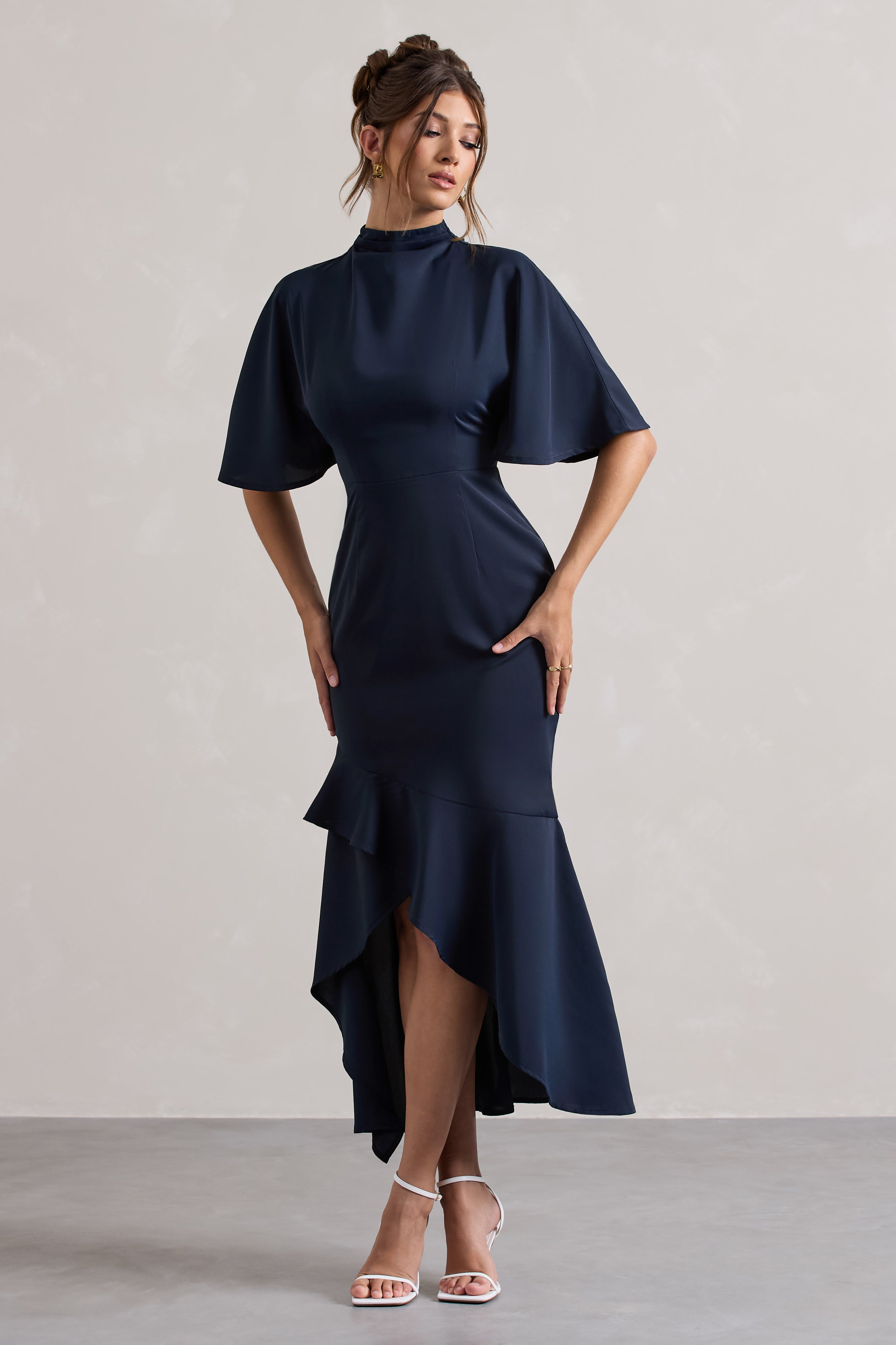Lavinia Navy High-Neck Flutter-Sleeve Asymmetric Maxi Dress