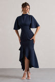 Lavinia Navy High-Neck Flutter-Sleeve Asymmetric Maxi Dress
