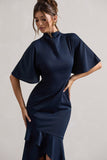 Lavinia Navy High-Neck Flutter-Sleeve Asymmetric Maxi Dress
