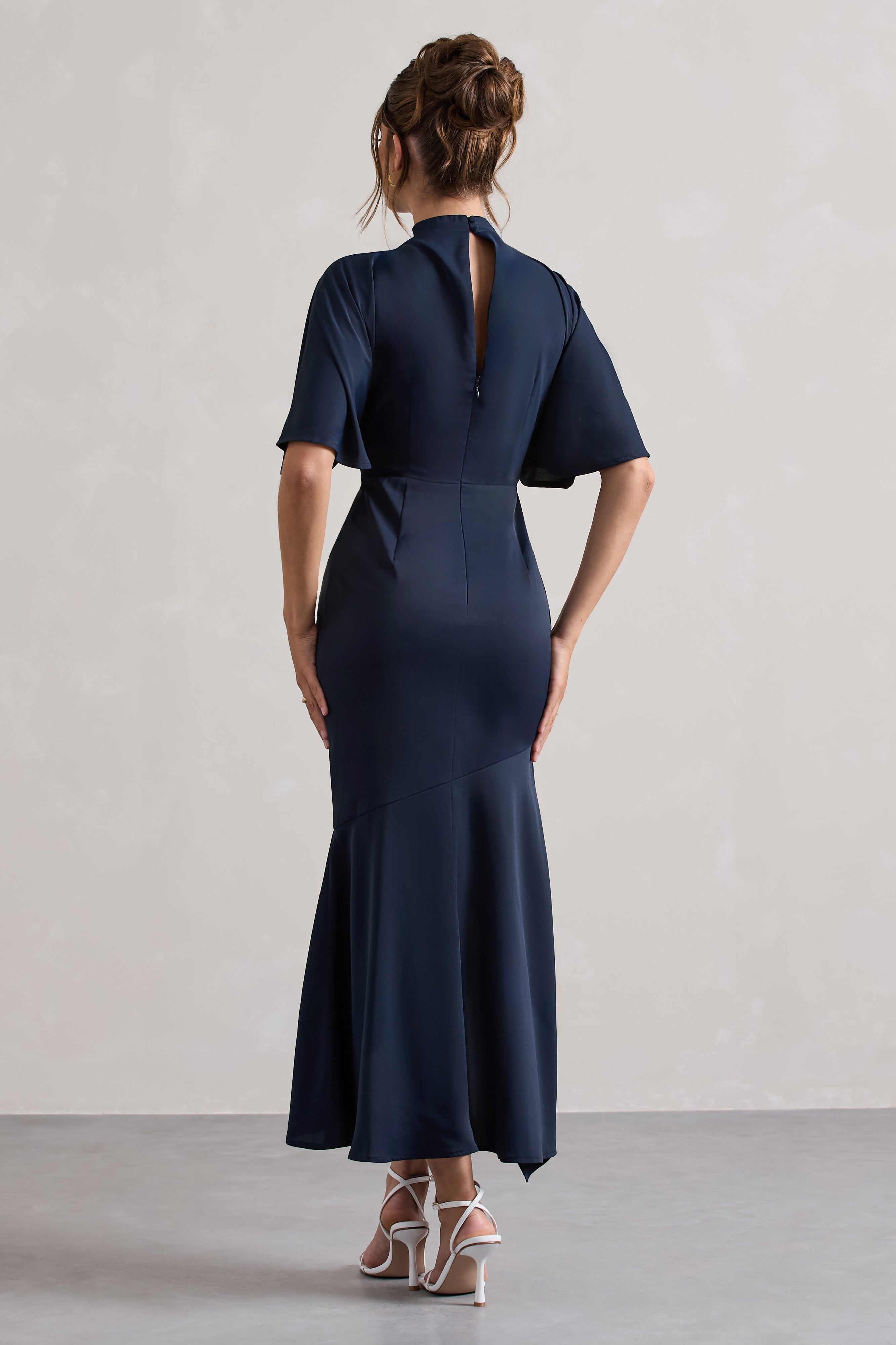 Lavinia Navy High-Neck Flutter-Sleeve Asymmetric Maxi Dress