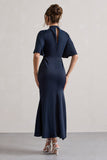 Lavinia Navy High-Neck Flutter-Sleeve Asymmetric Maxi Dress