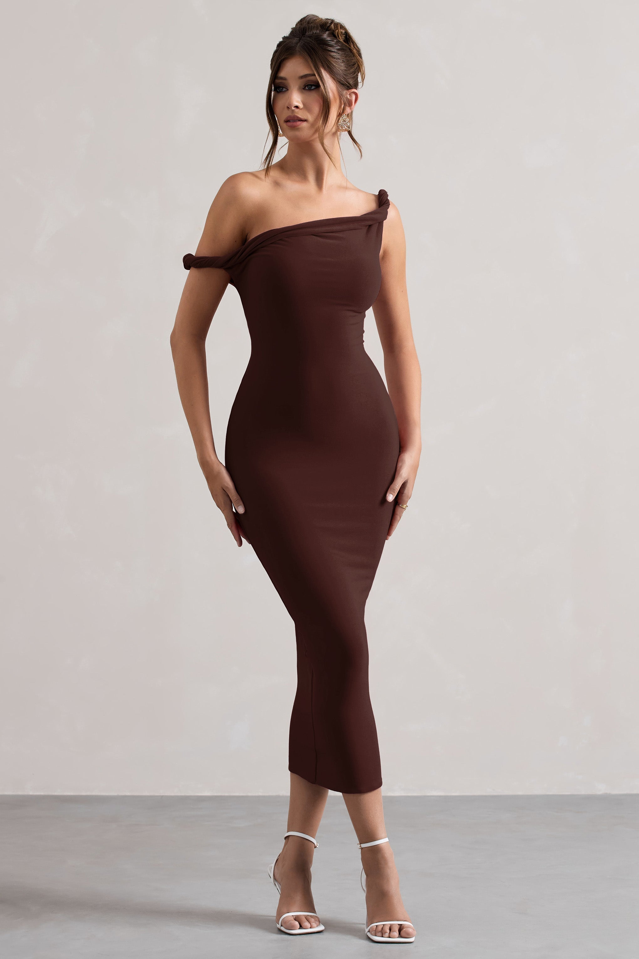 Salome Chocolate Brown Twisted Asymmetric Midi Dress