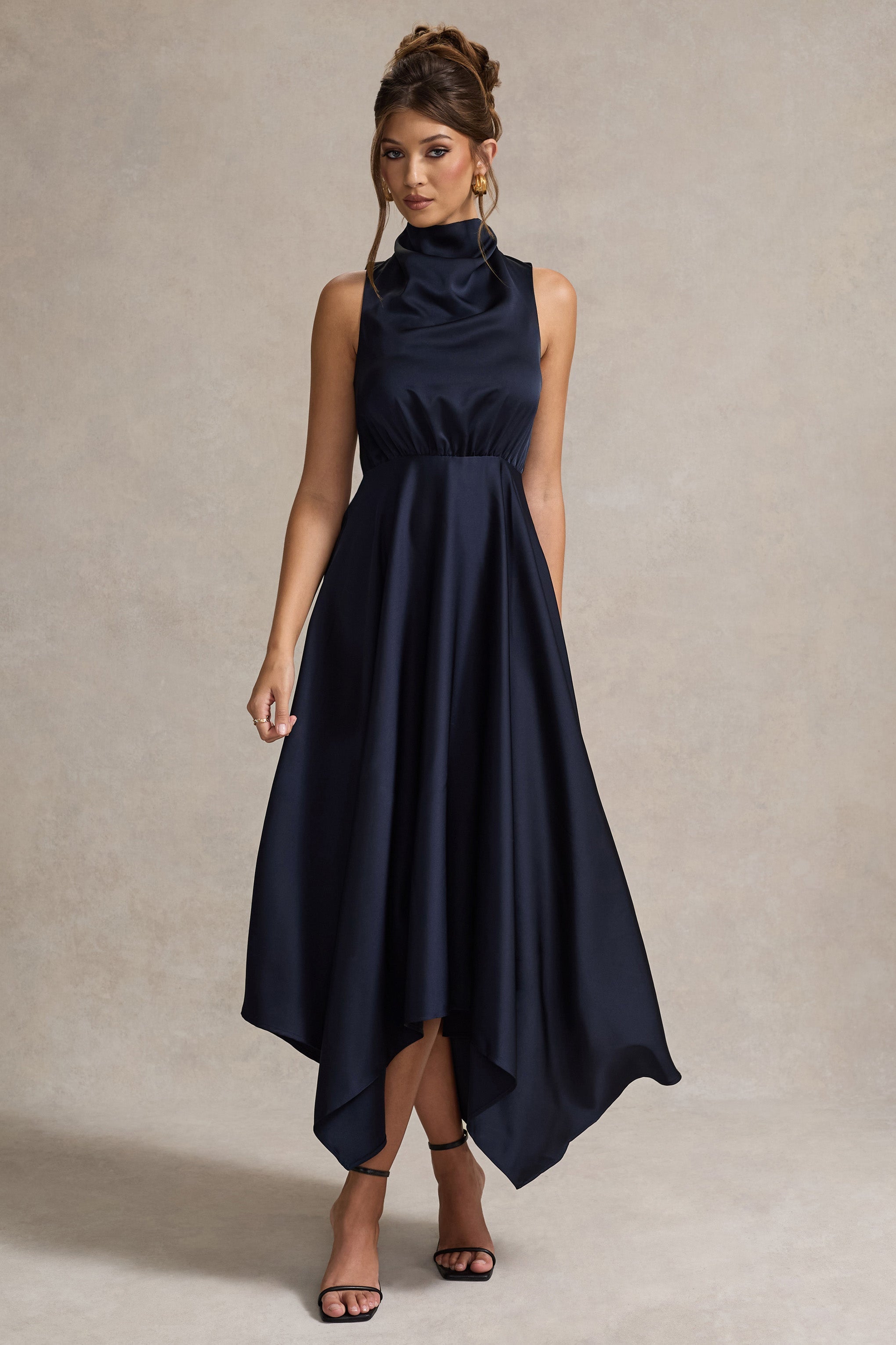 Kerri Navy Satin Cowl-Neck Maxi Dress