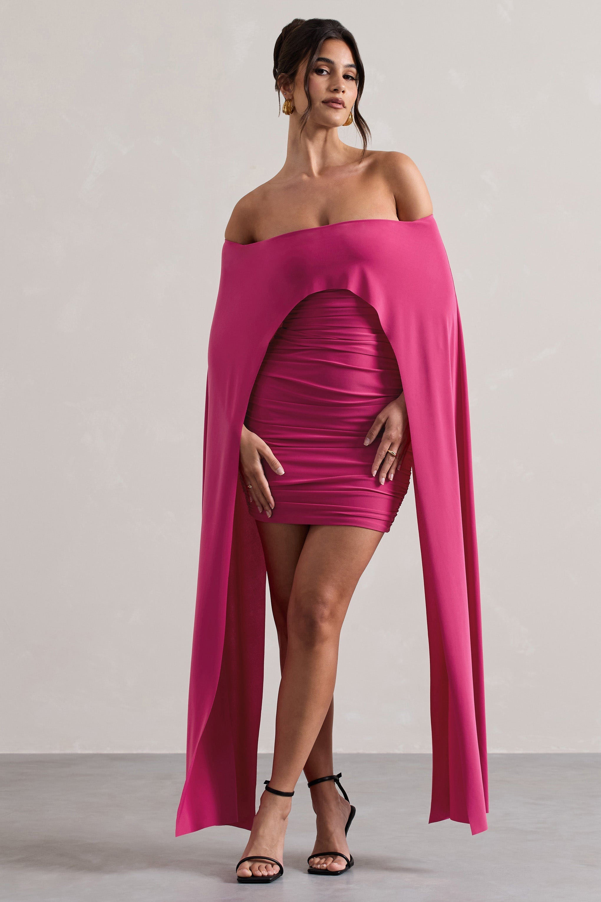 Disco Dark Pink Bardot Cape Sleeve Mini Dress