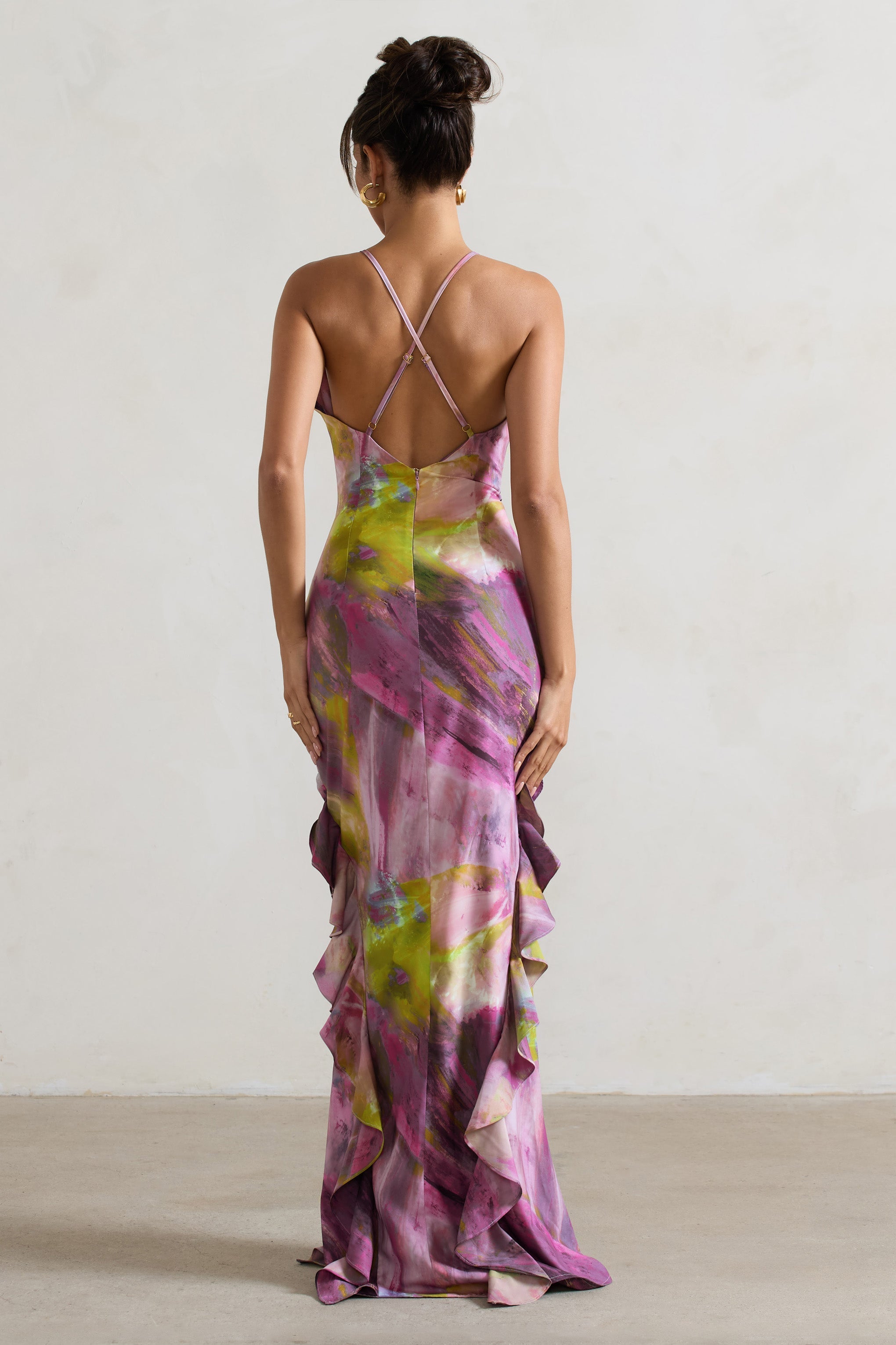 Sommer Lilac Print Racer-Neck Ruffle Maxi Dress