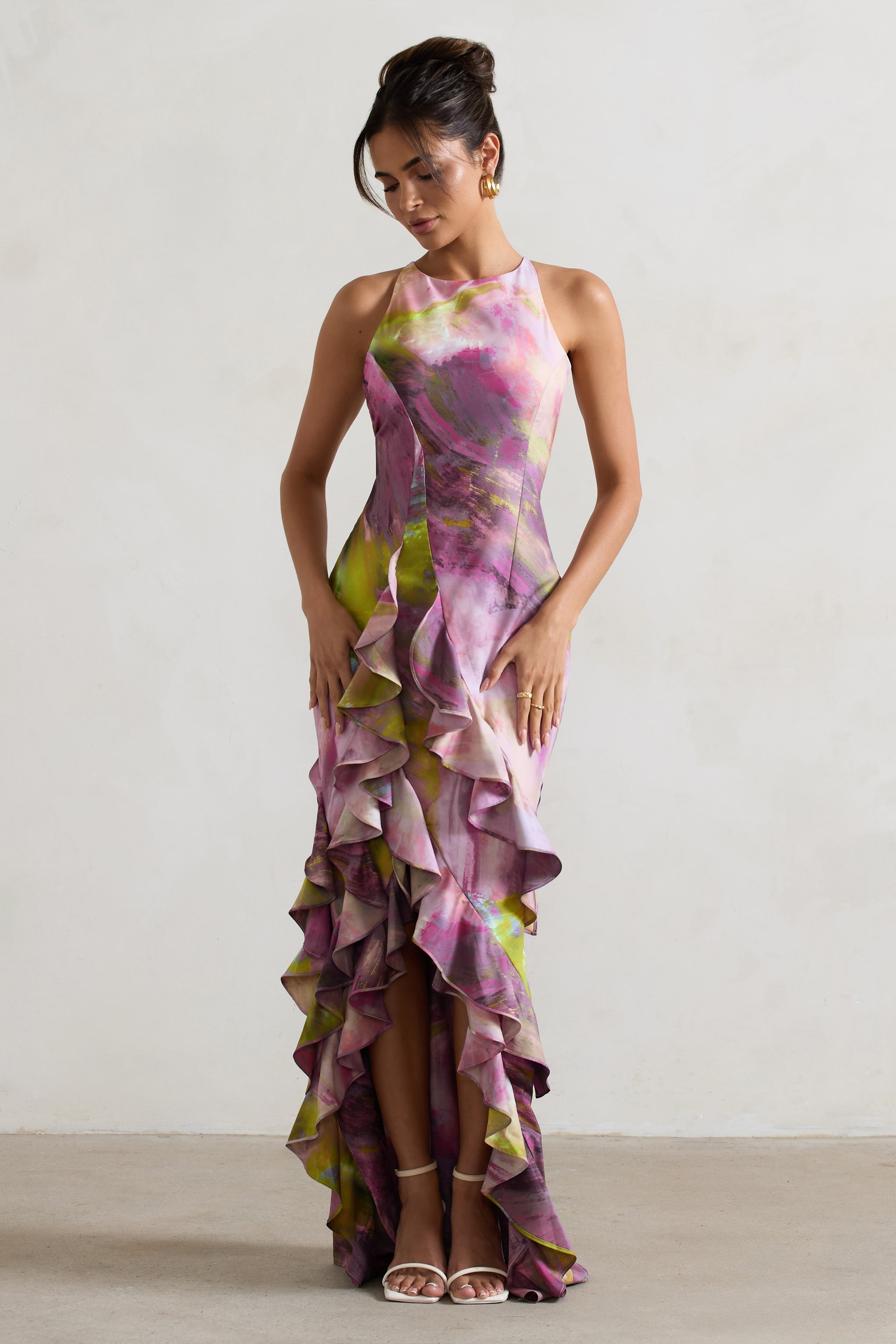 Sommer Lilac Print Racer-Neck Ruffle Maxi Dress