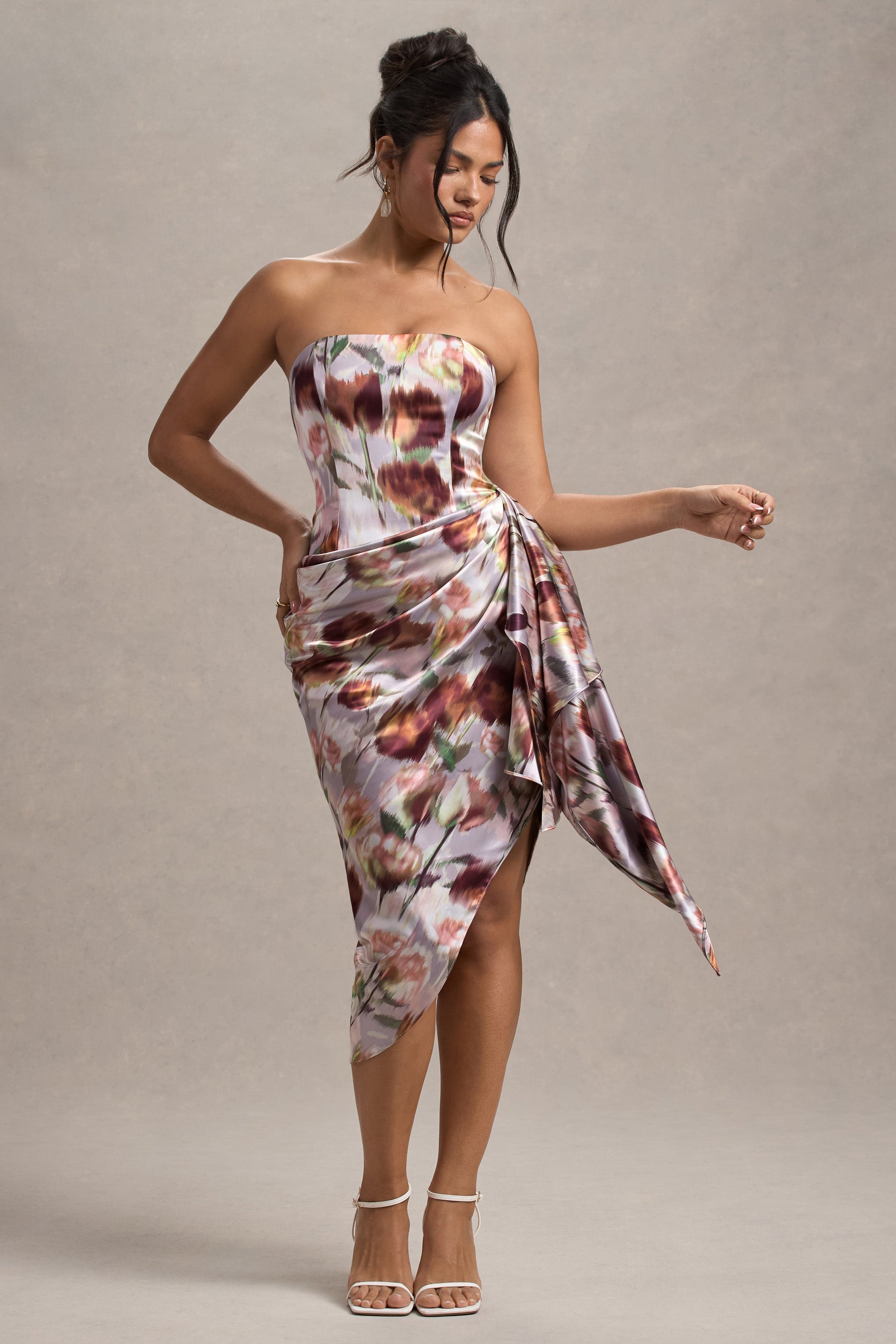 Axel Cream Floral Print Satin Strapless Wrap Midi Dress