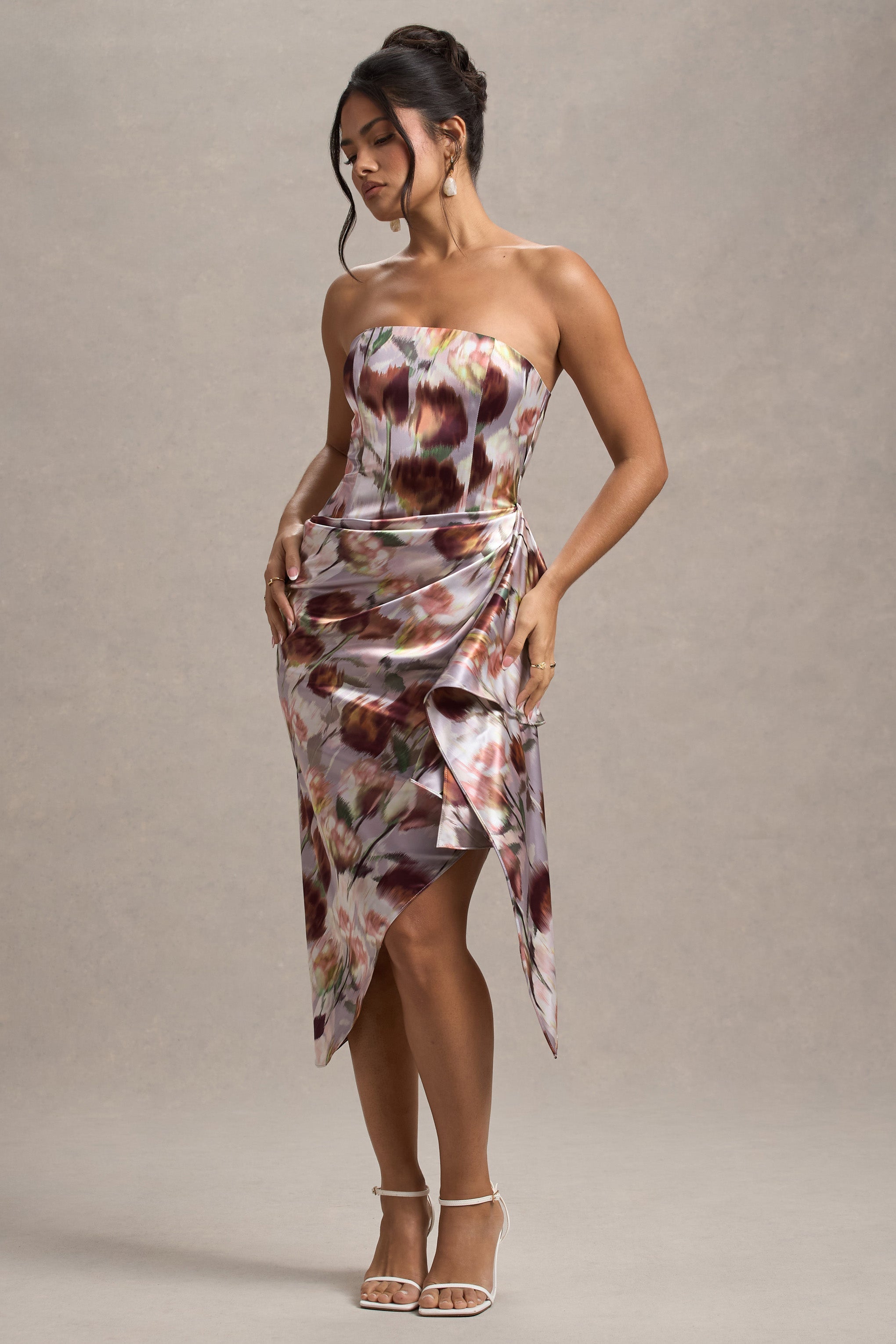 Axel Cream Floral Print Satin Strapless Wrap Midi Dress