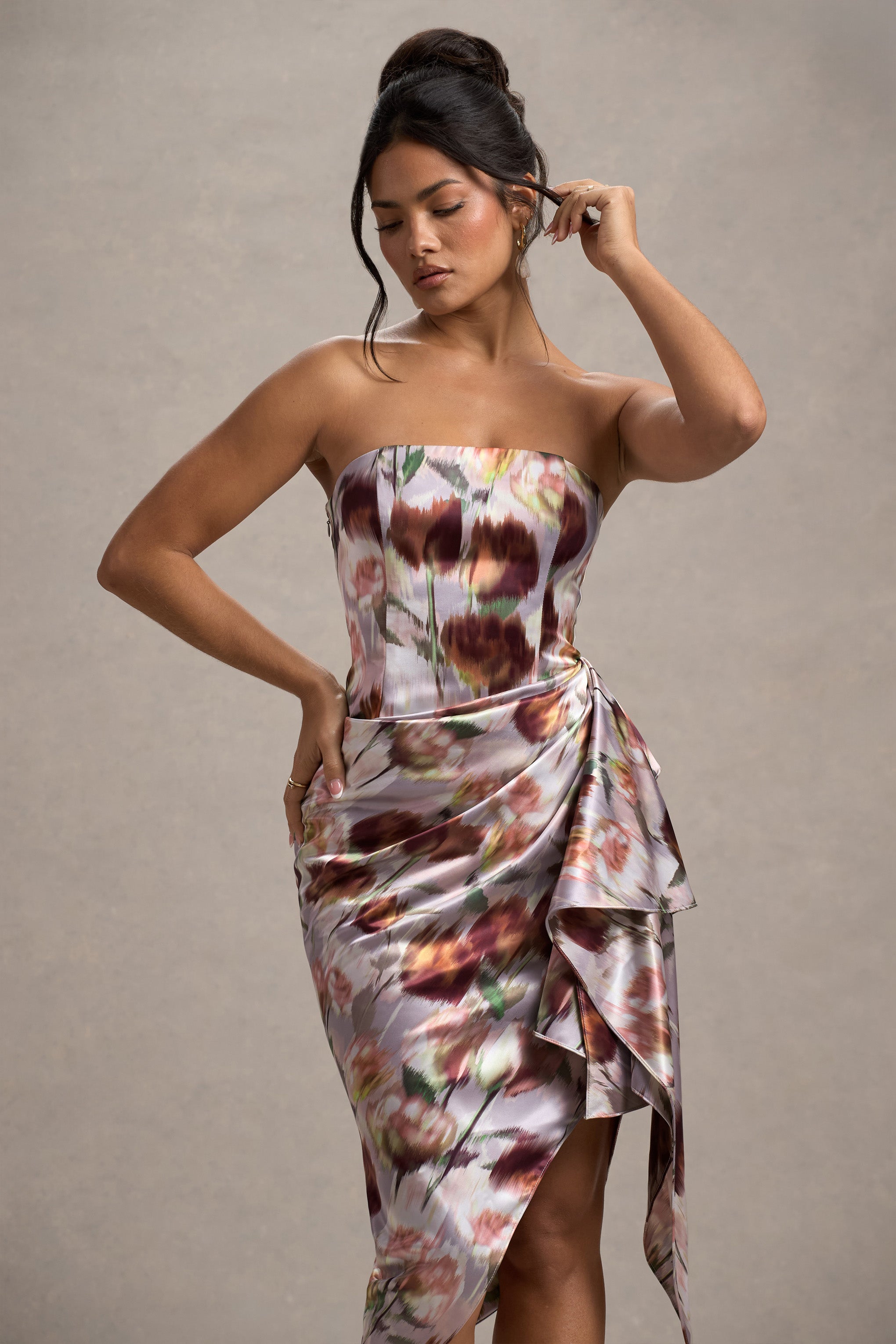 Axel Cream Floral Print Satin Strapless Wrap Midi Dress