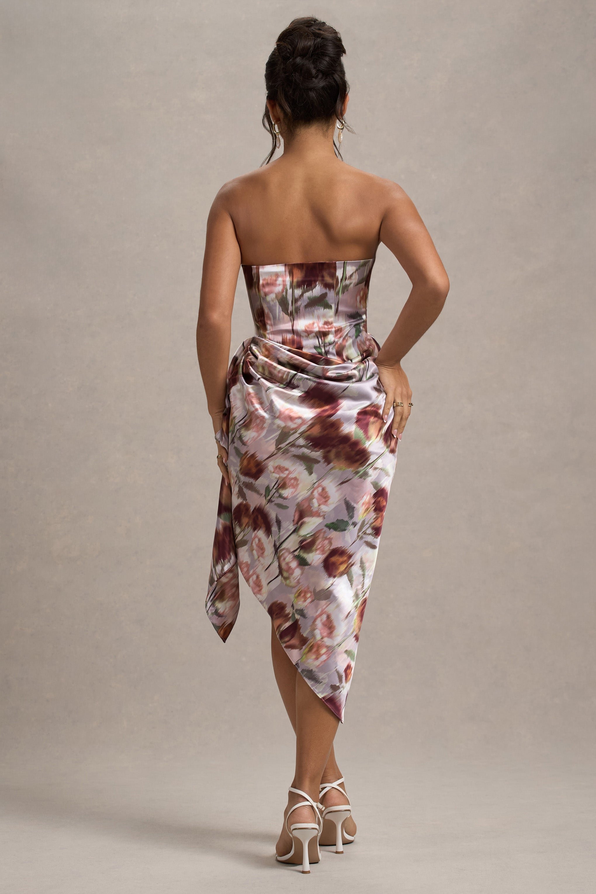 Axel Cream Floral Print Satin Strapless Wrap Midi Dress