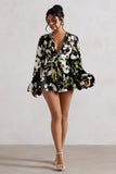 Katsura Black Floral Print Satin Plunge-Neck Playsuit