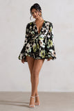Katsura Black Floral Print Satin Plunge-Neck Playsuit
