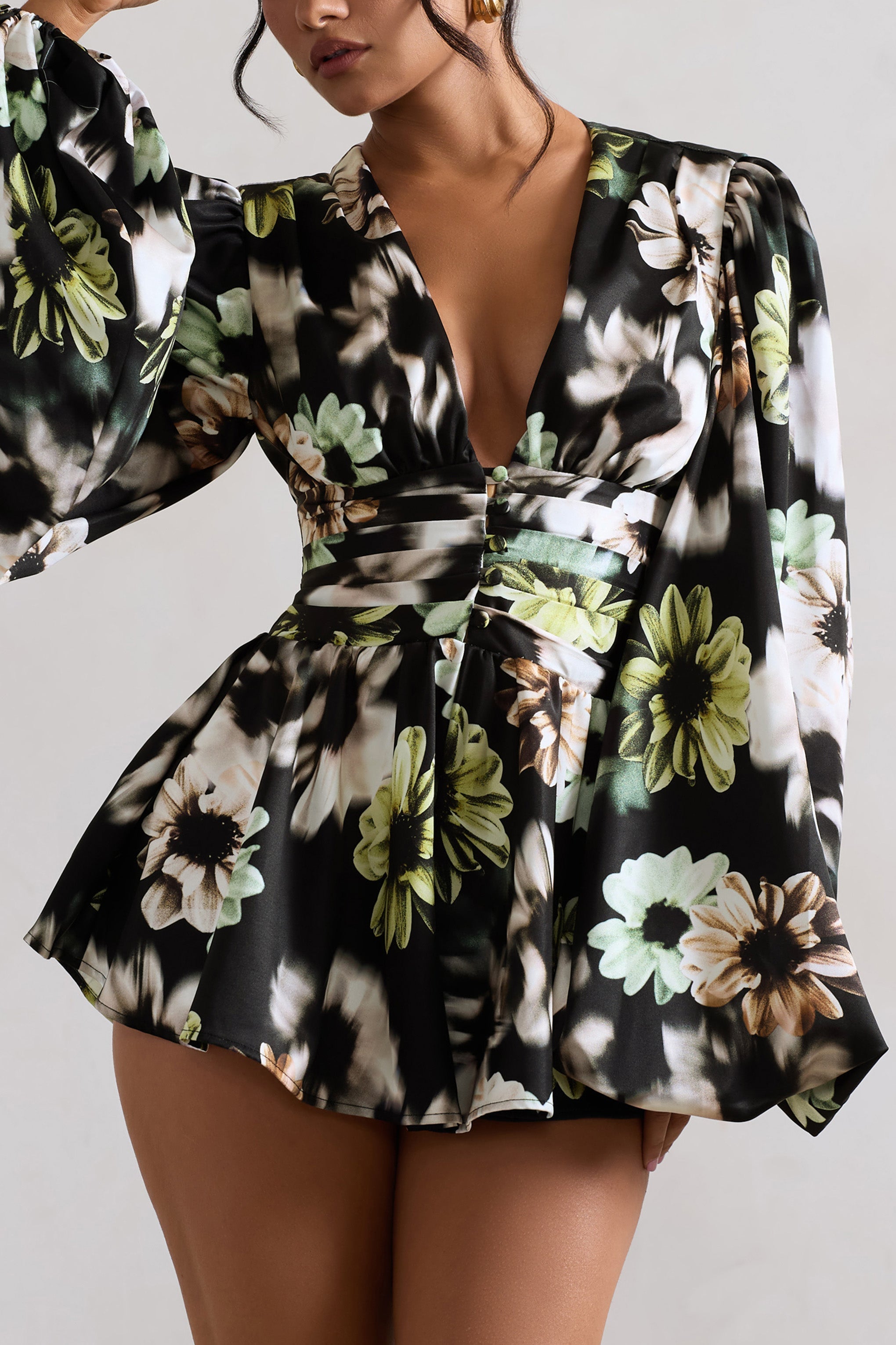 Katsura Black Floral Print Satin Plunge-Neck Playsuit
