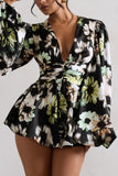 Katsura Black Floral Print Satin Plunge-Neck Playsuit