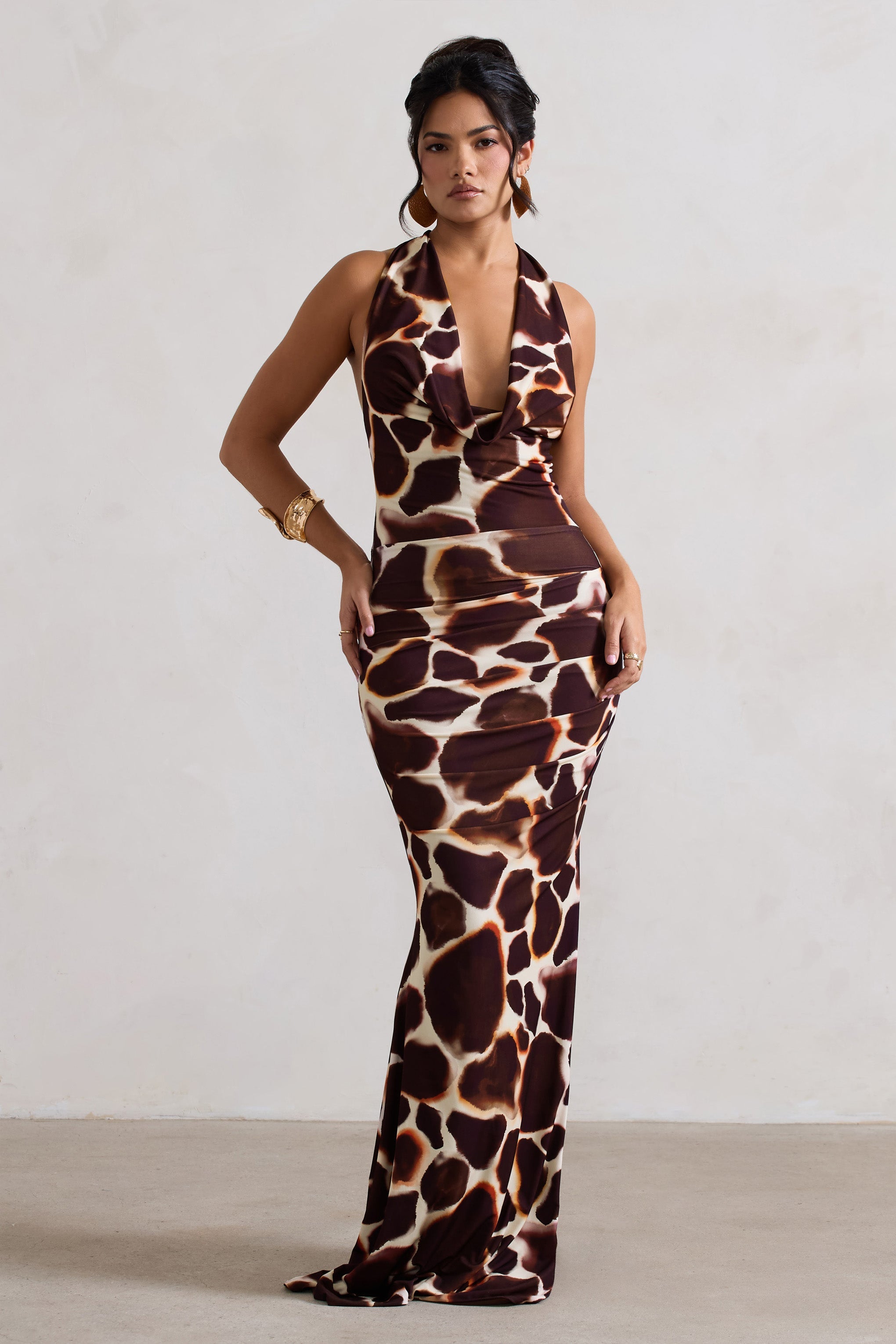 Tulum Giraffe Print Cowl-Neck Gathered Split Maxi Dress