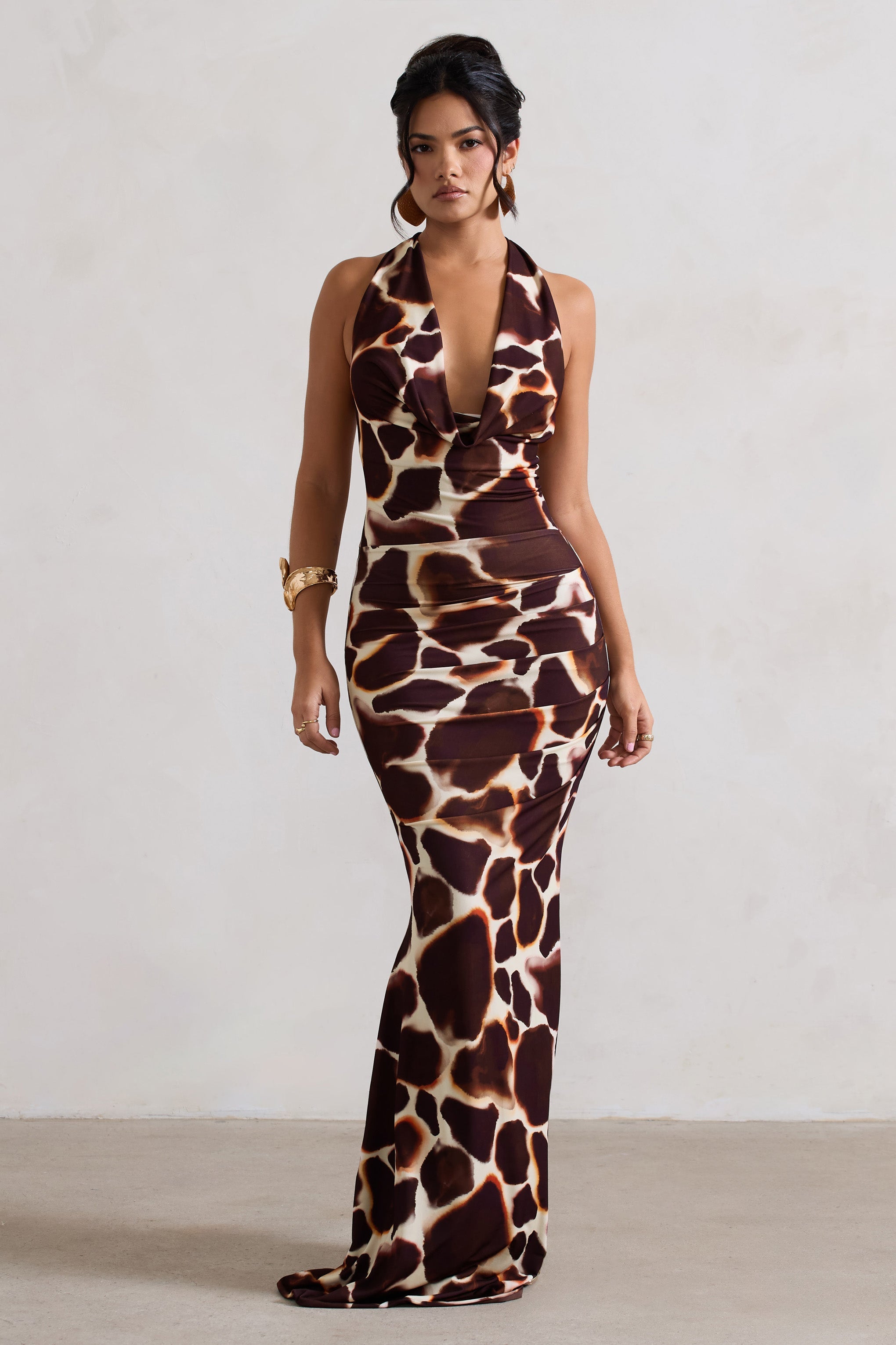 Tulum Giraffe Print Cowl-Neck Gathered Split Maxi Dress