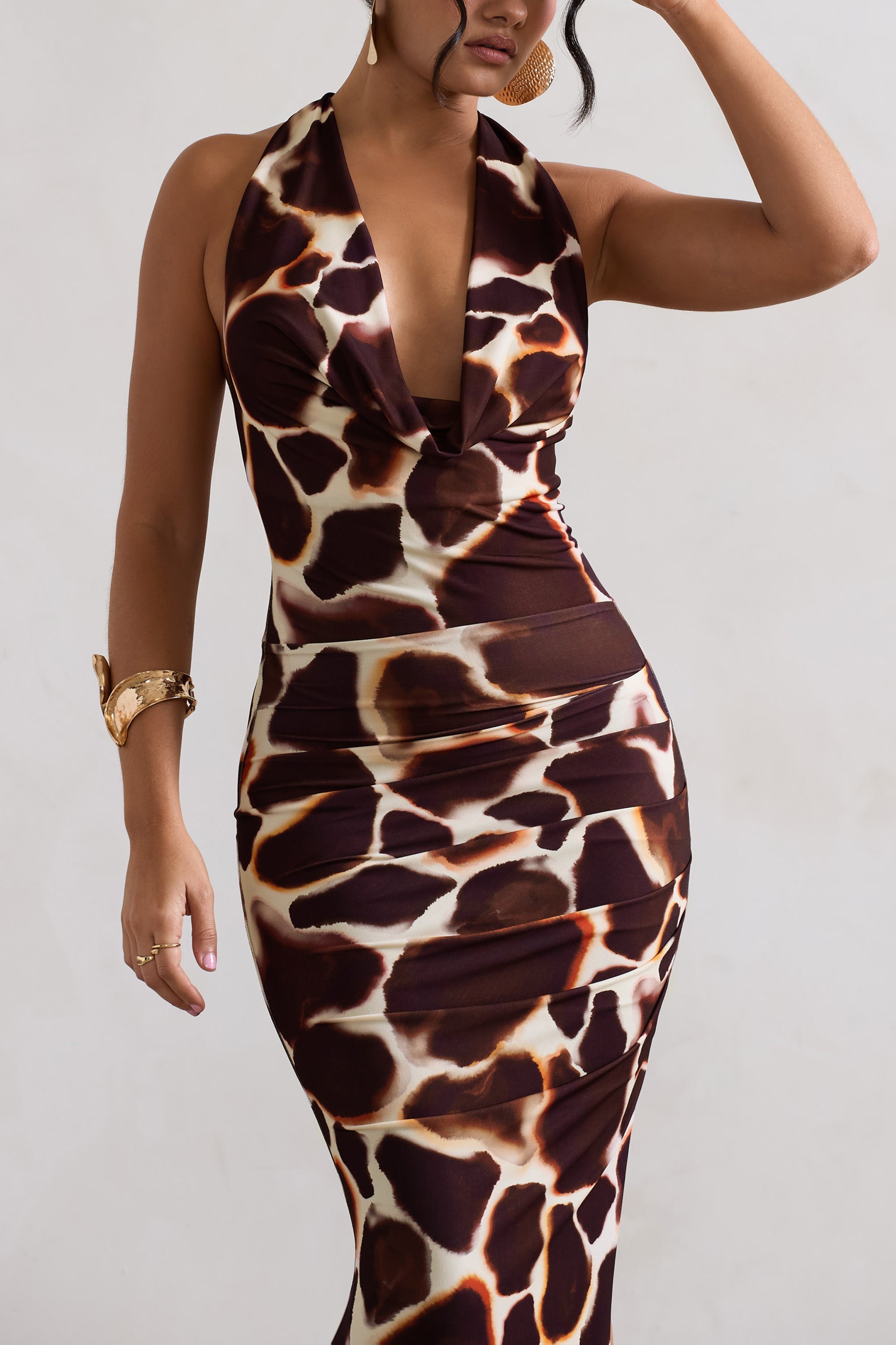 Tulum Giraffe Print Cowl-Neck Gathered Split Maxi Dress