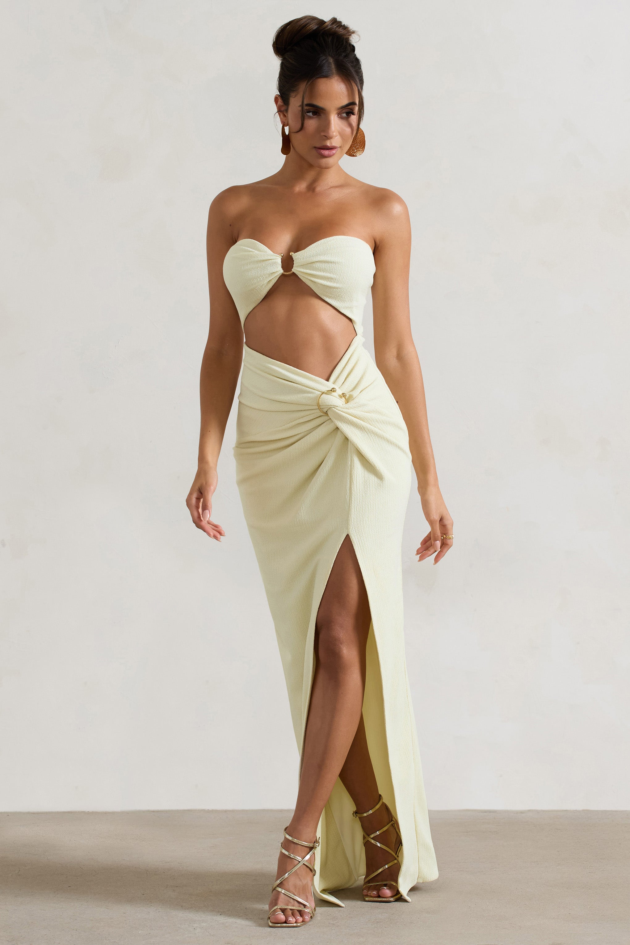 Cancun Ecru Crinkle Strapless Cut-Out Maxi Dress With Twist