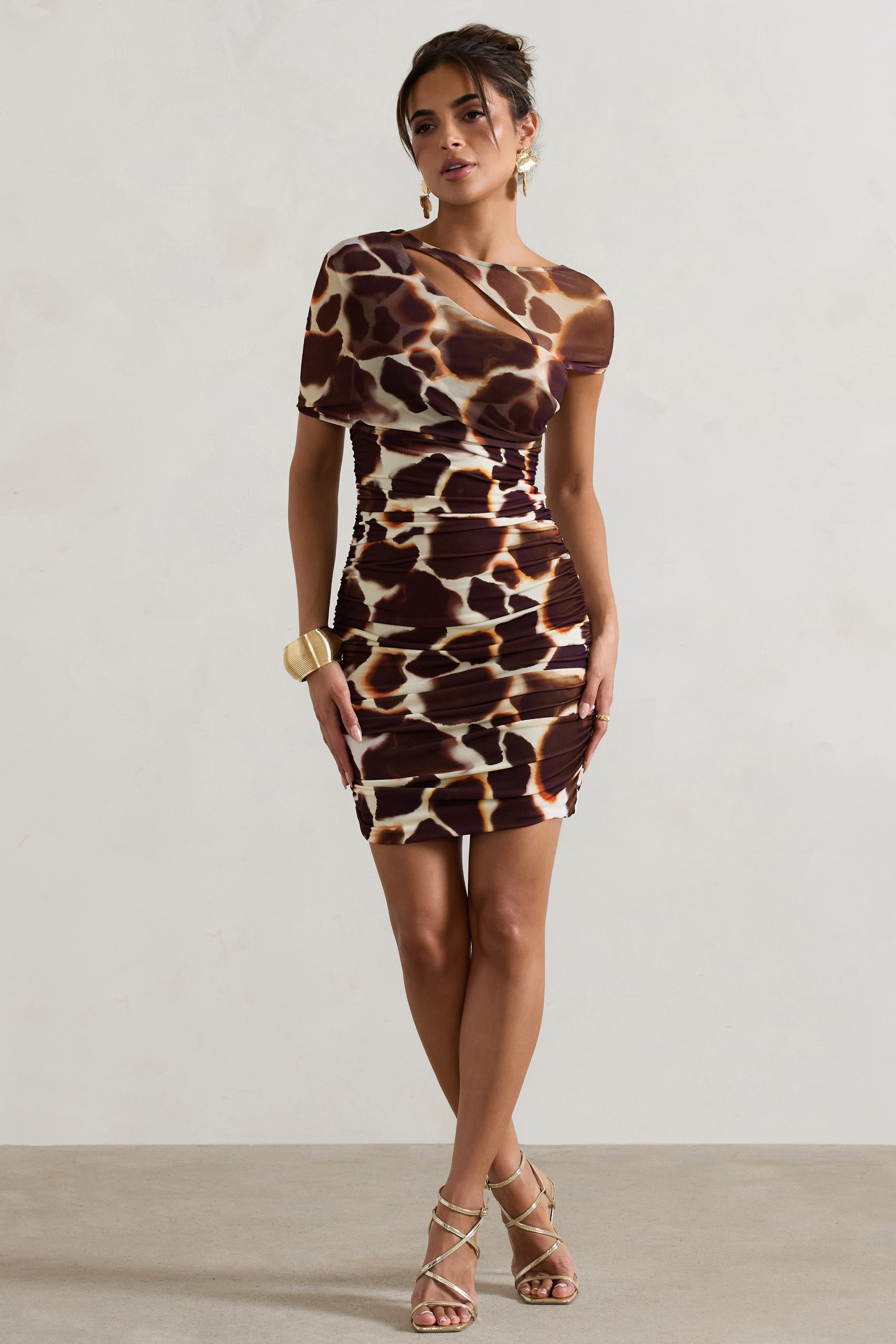 Himalaya Giraffe Print Ruched Mini Dress With Mesh Overlay