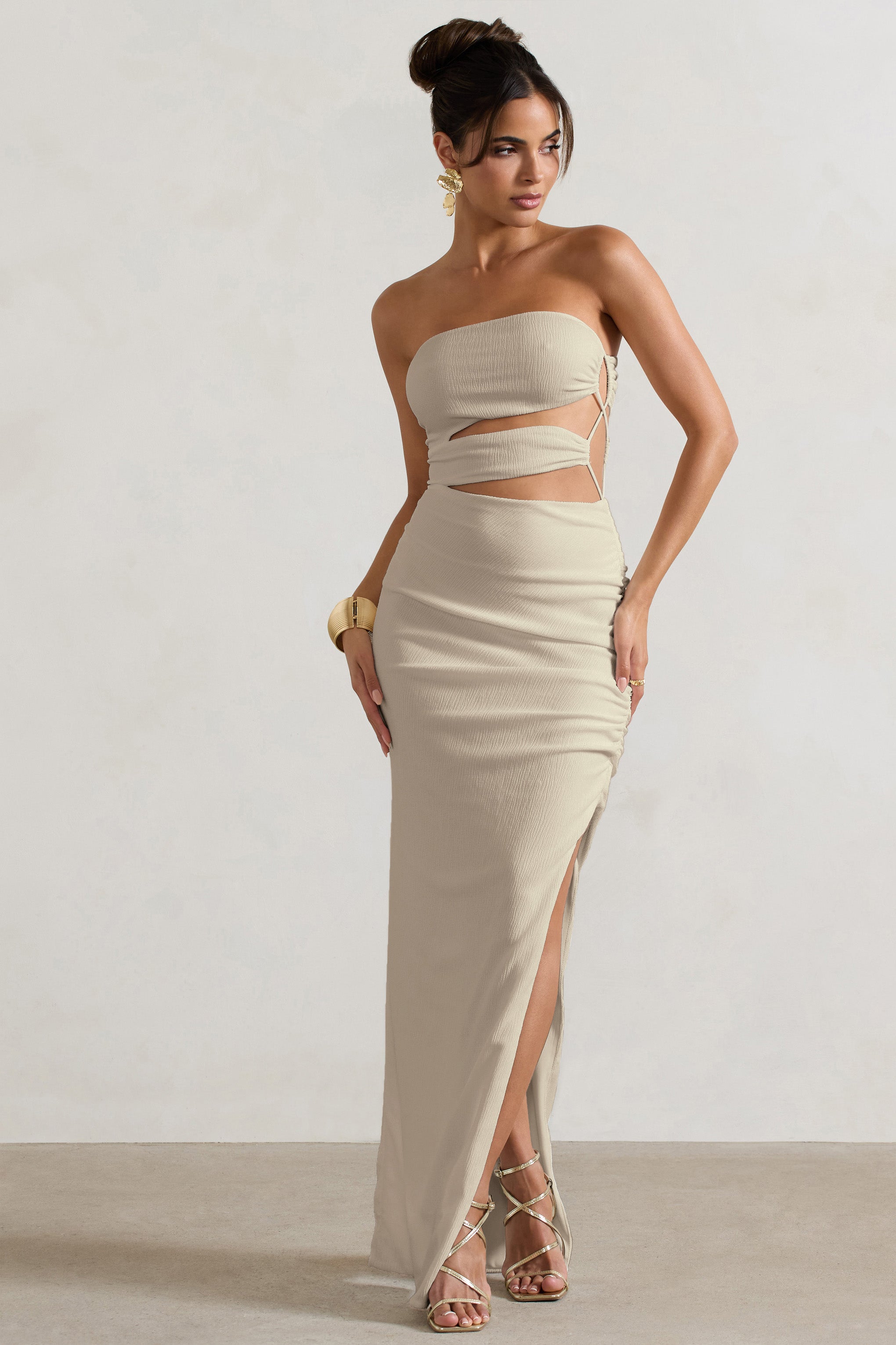 Dominica Ecru Textured Bandeau Cut-Out Split Maxi Dress