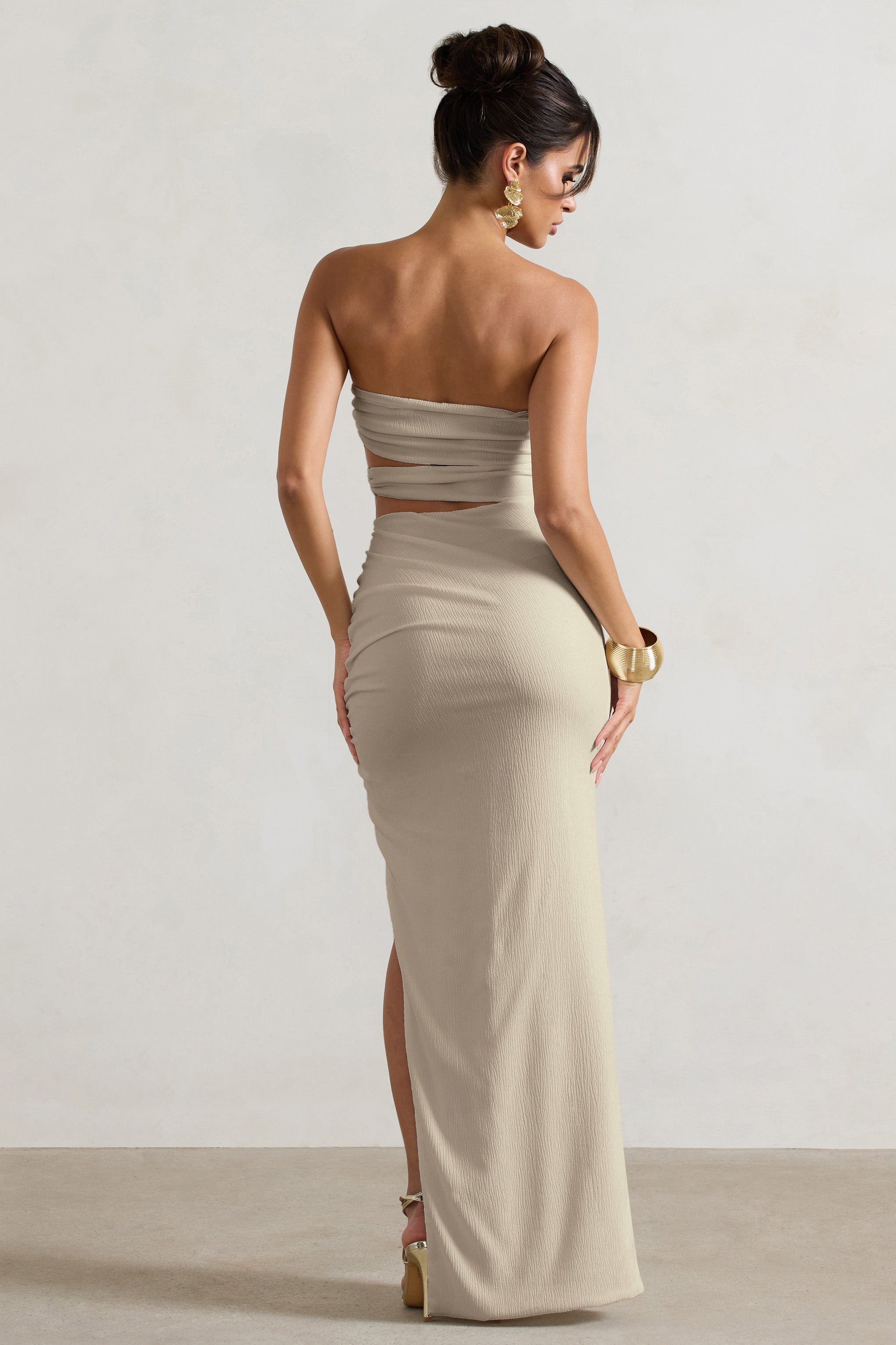 Dominica Ecru Textured Bandeau Cut-Out Split Maxi Dress