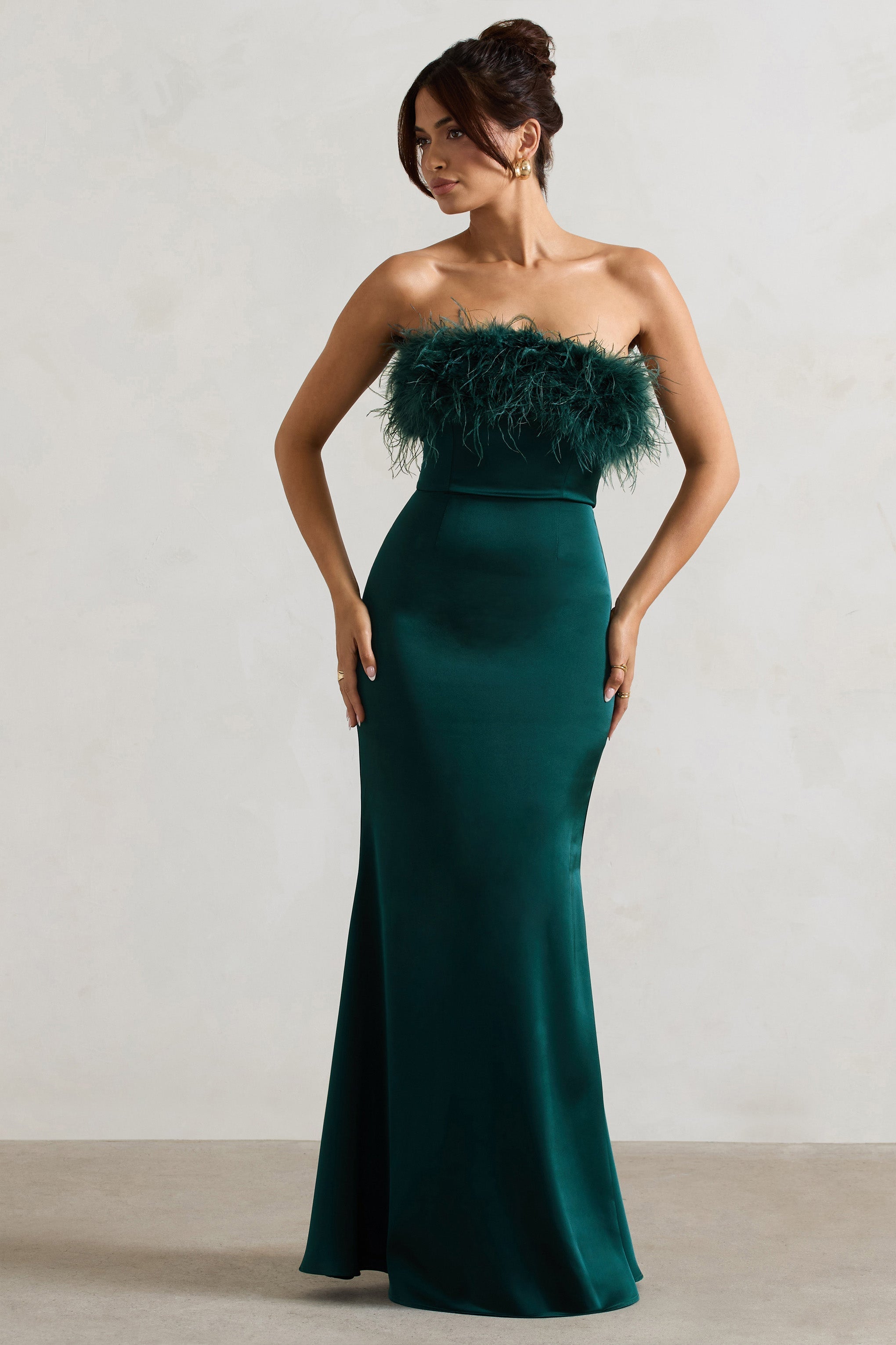 Dress For It Bottle Green Satin Feather Trim Bandeau Maxi Dress
