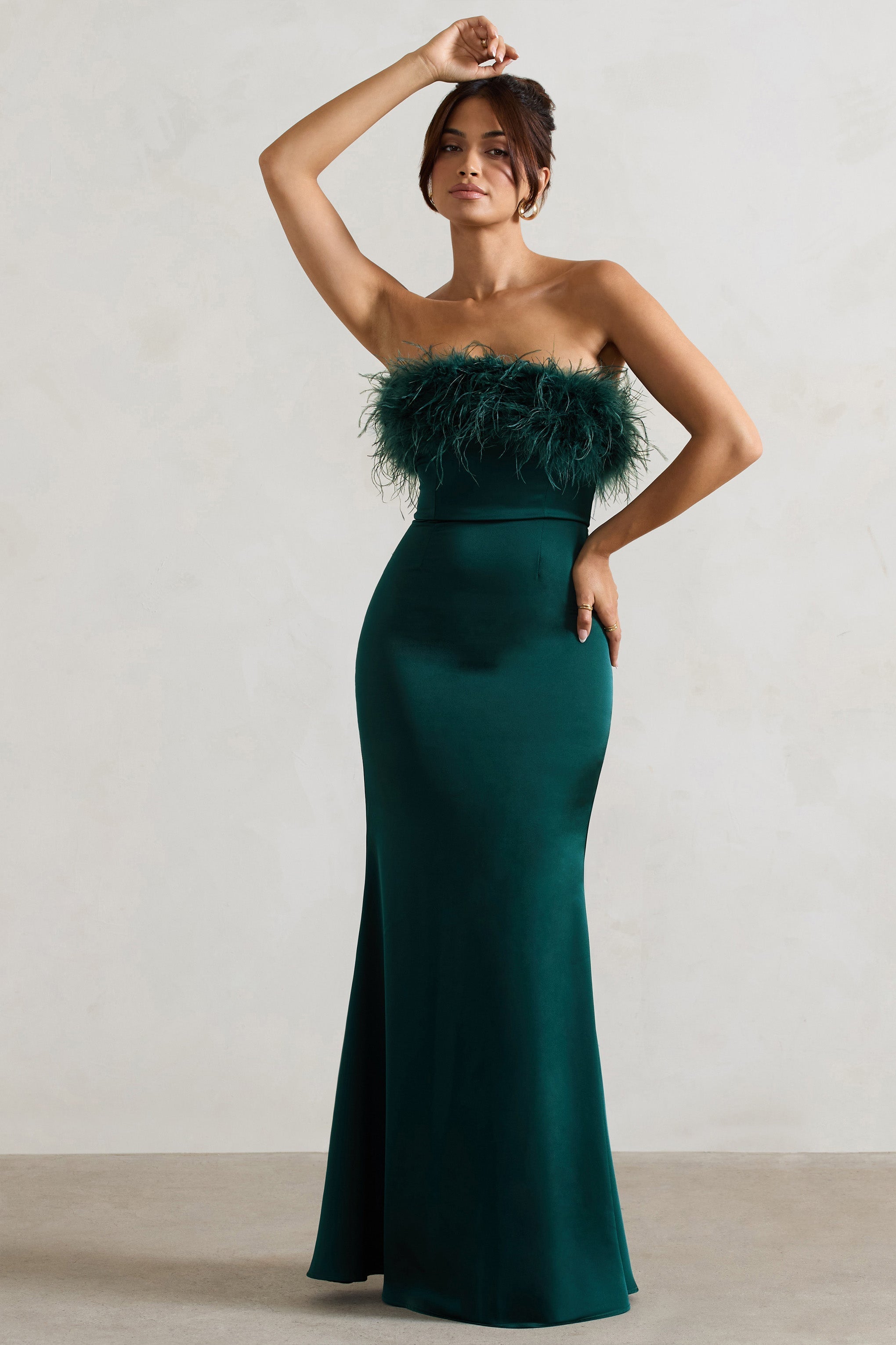 Dress For It Bottle Green Satin Feather Trim Bandeau Maxi Dress