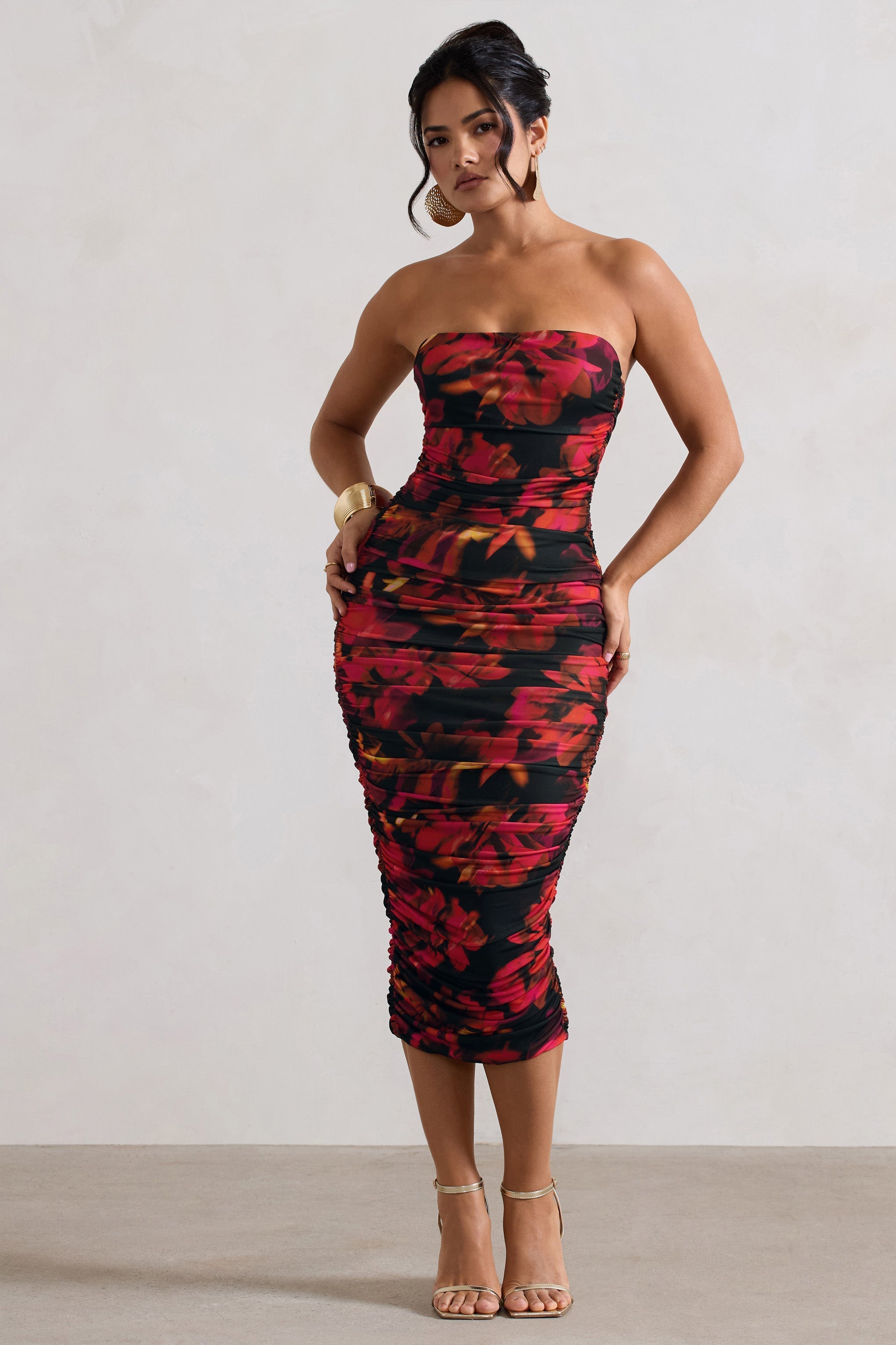 Inara Red Floral Print Strapless Ruched Midi Dress