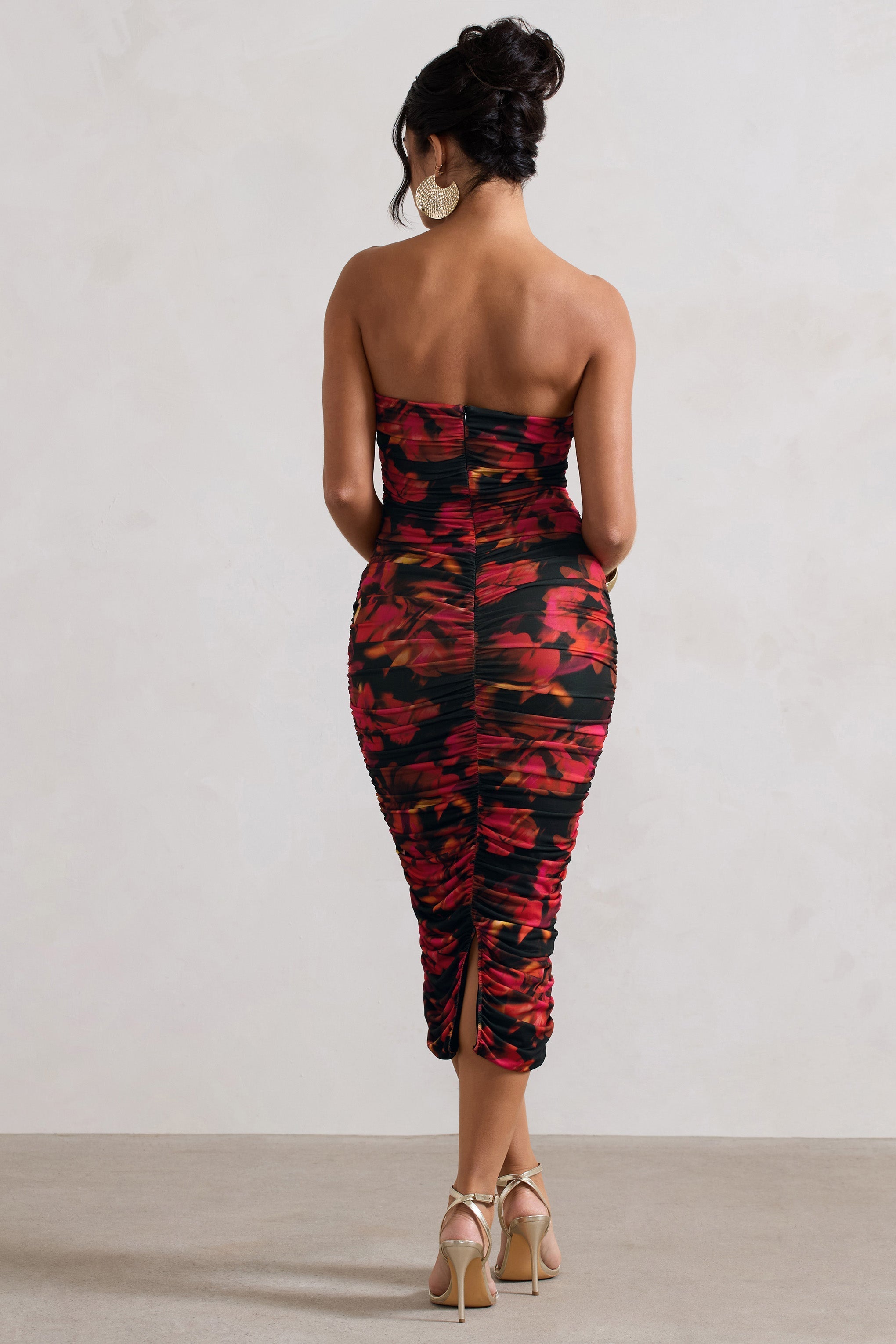 Inara Red Floral Print Strapless Ruched Midi Dress
